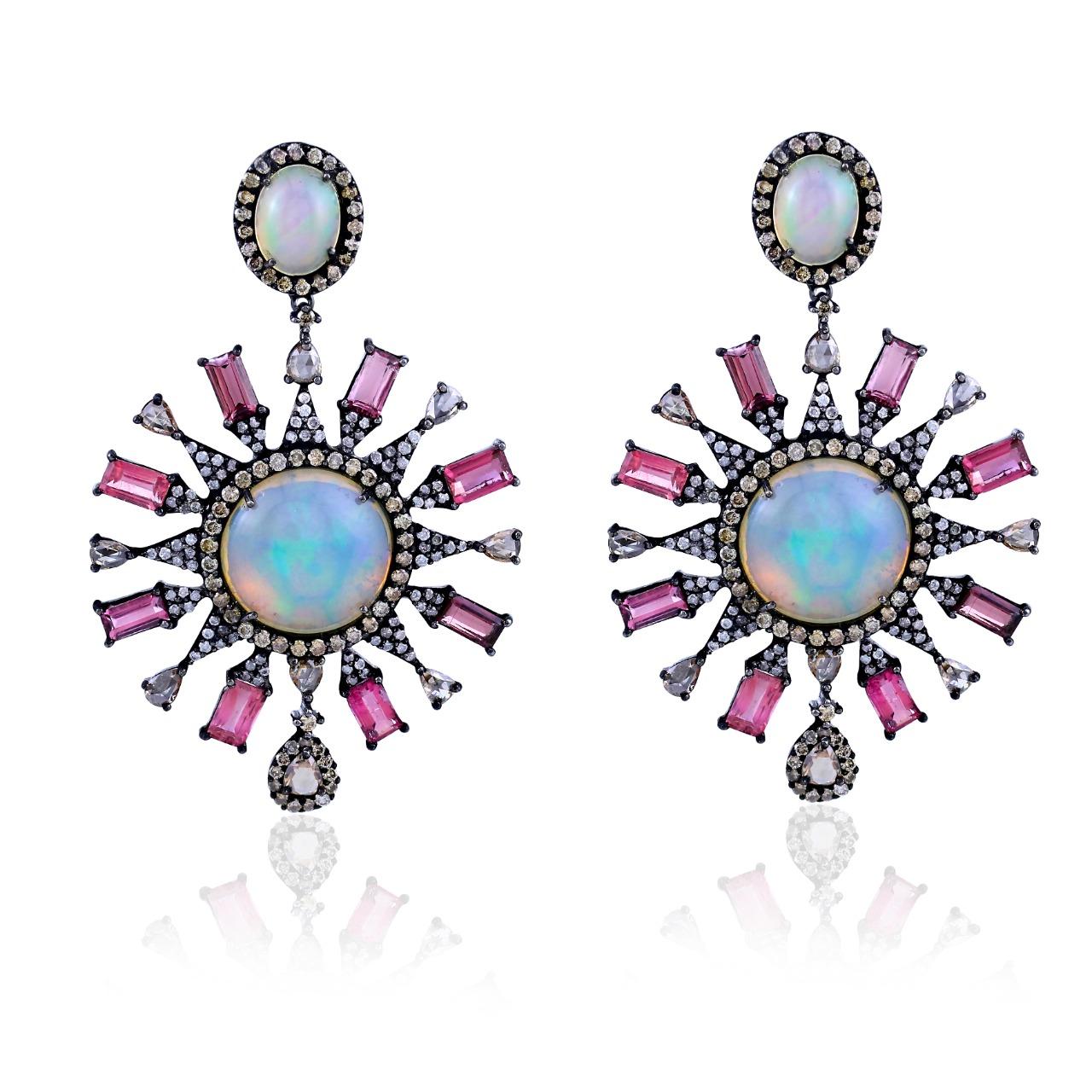 Victorian 21.7ct T.W. Tourmaline, Ethiopian Opal and Diamond Dangle Earrings In New Condition For Sale In New York, NY