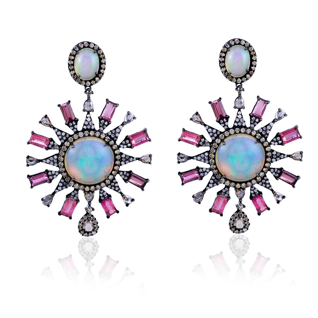 Victorian 21.70 Cttw Pink Tourmaline, Ethiopian Opal/Diamond Earrings 18K/SS In New Condition For Sale In New York, NY