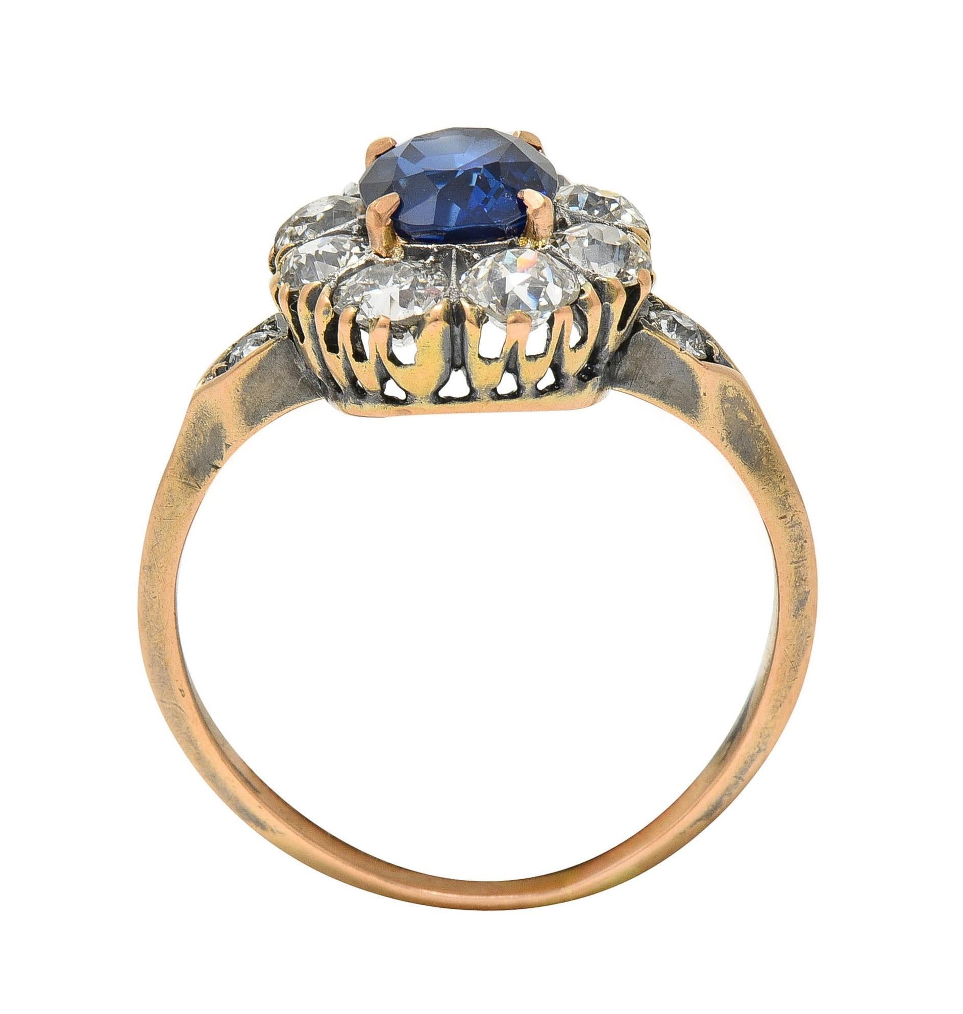 Victorian 2.18 CTW No Heat Burma Sapphire Diamond 18 Karat Rose Gold Halo Ring For Sale 5