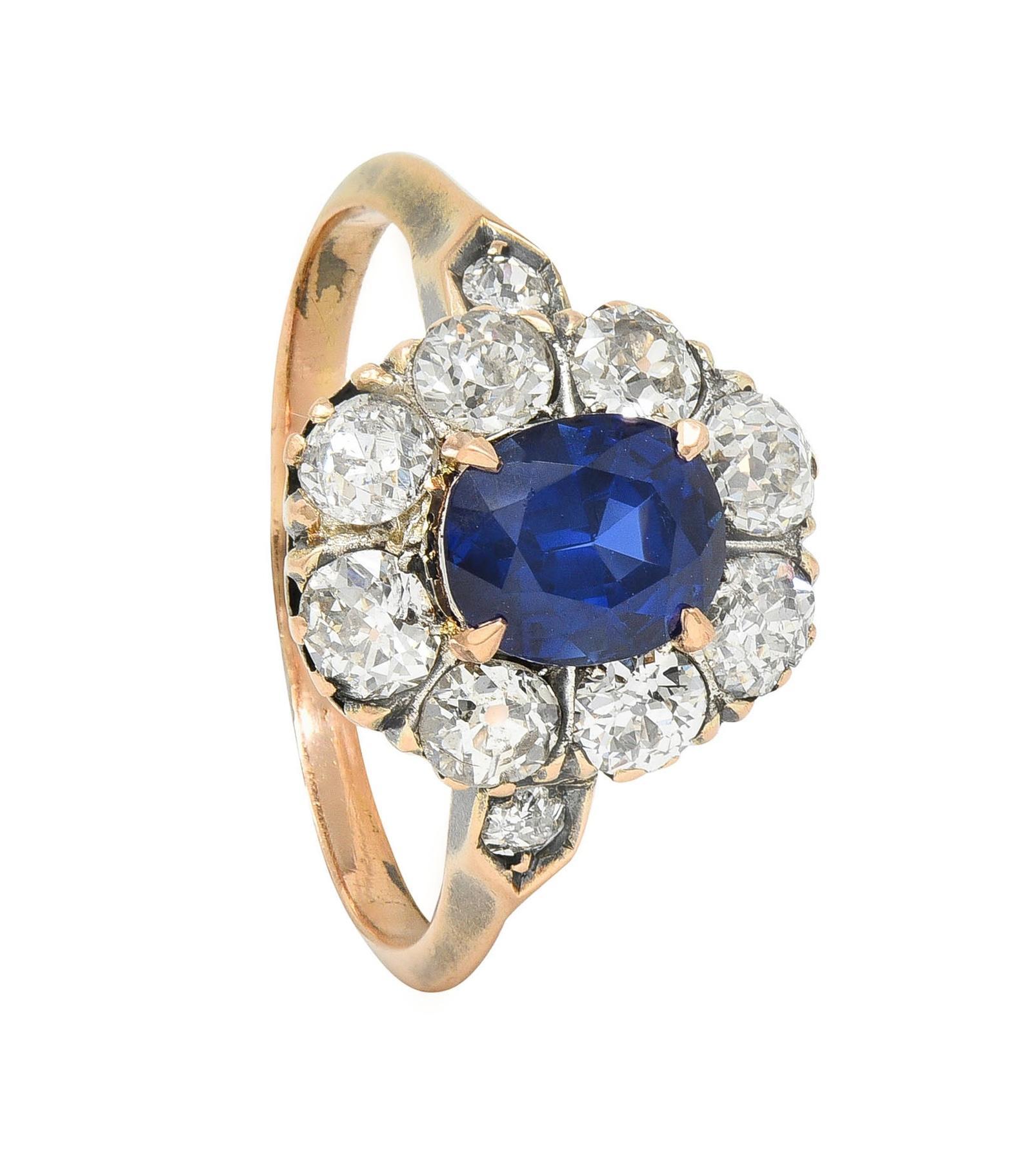 Victorian 2.18 CTW No Heat Burma Sapphire Diamond 18 Karat Rose Gold Halo Ring For Sale 6