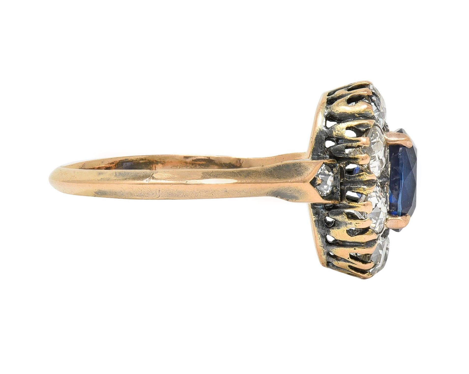 Viktorianischer Halo-Ring aus 18 Karat Roségold mit 2,18 Karat unbehandeltem Burma-Saphir und Diamant (Alteuropäischer Brillantschliff) im Angebot