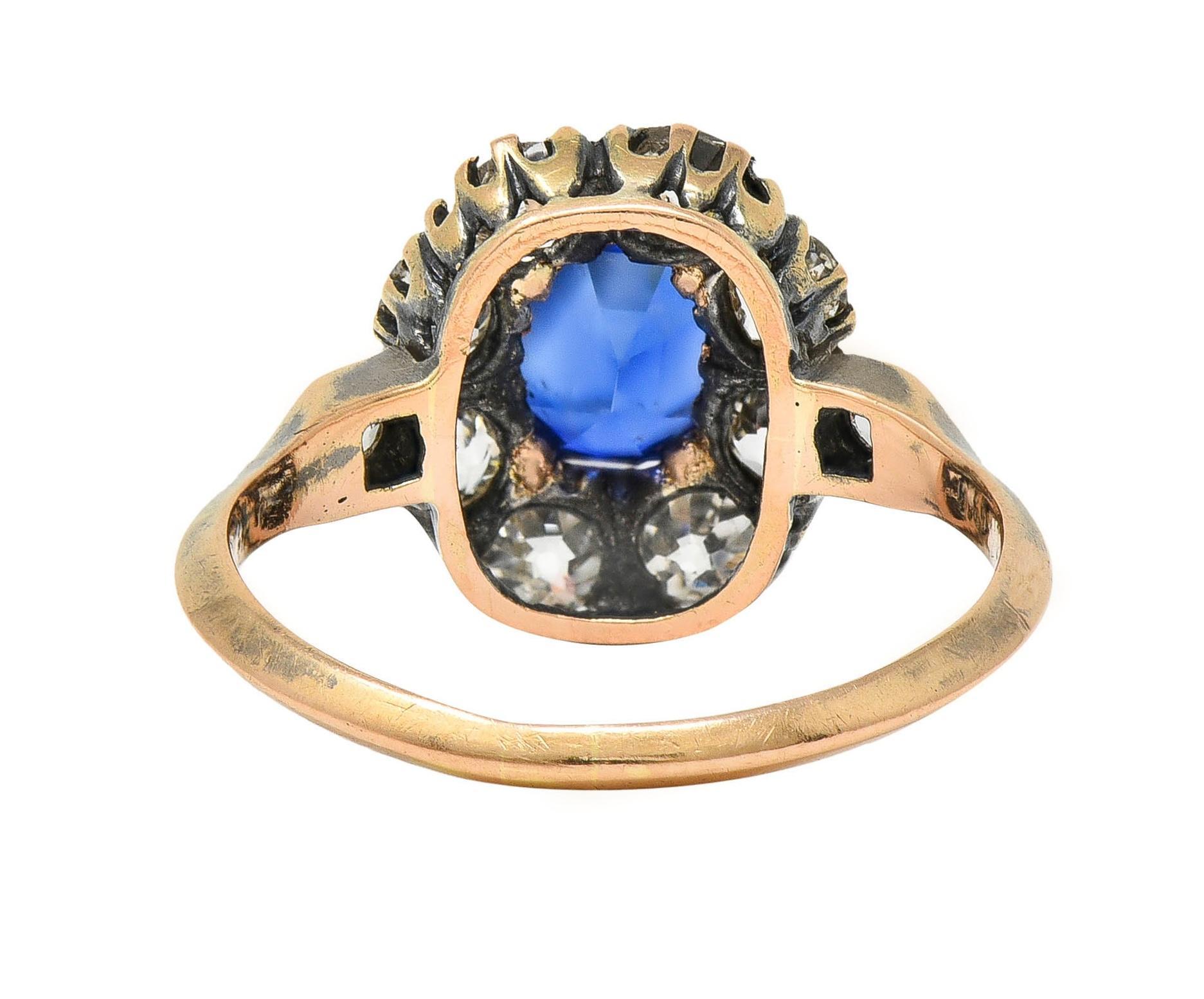 Women's or Men's Victorian 2.18 CTW No Heat Burma Sapphire Diamond 18 Karat Rose Gold Halo Ring For Sale