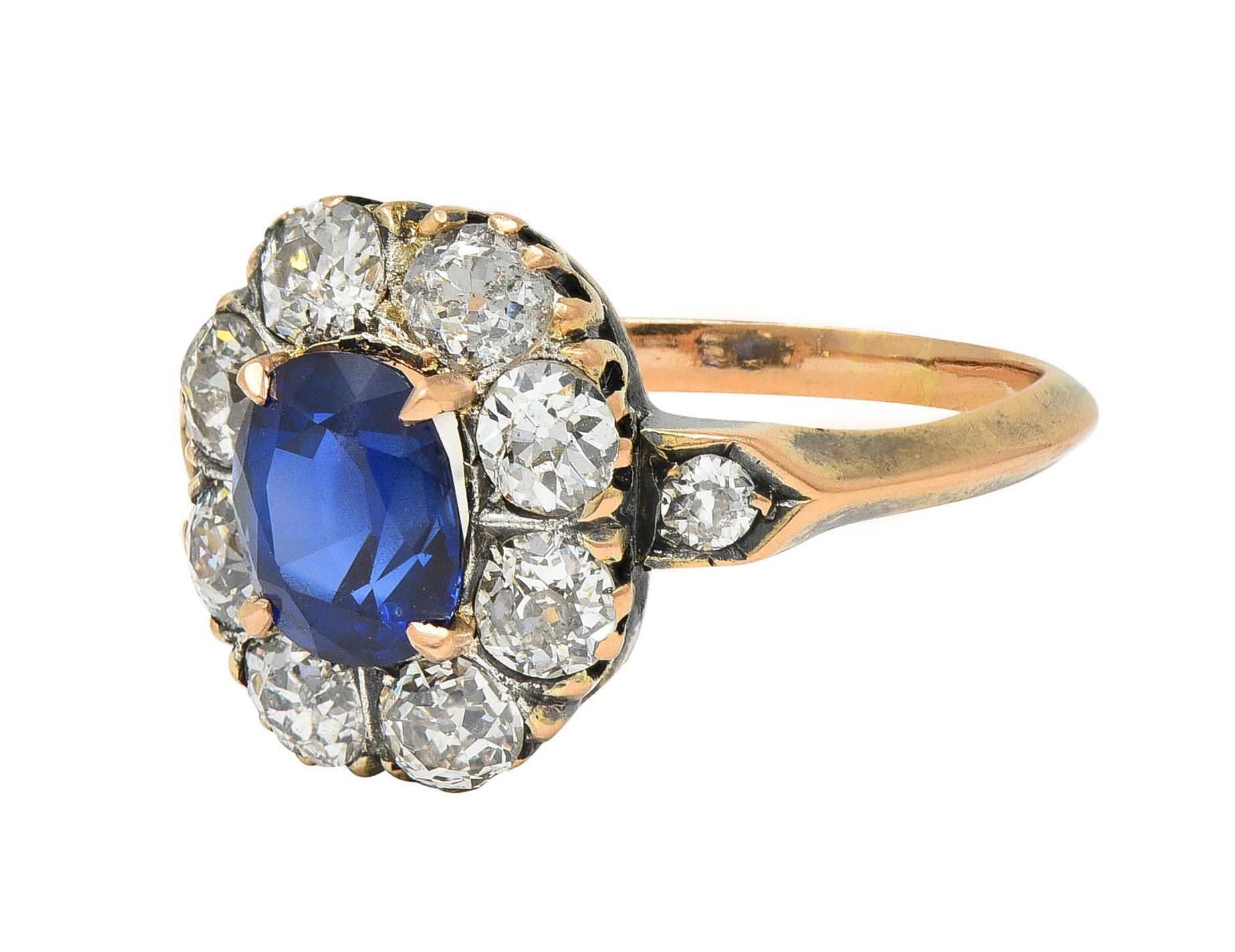 Victorian 2.18 CTW No Heat Burma Sapphire Diamond 18 Karat Rose Gold Halo Ring For Sale 2