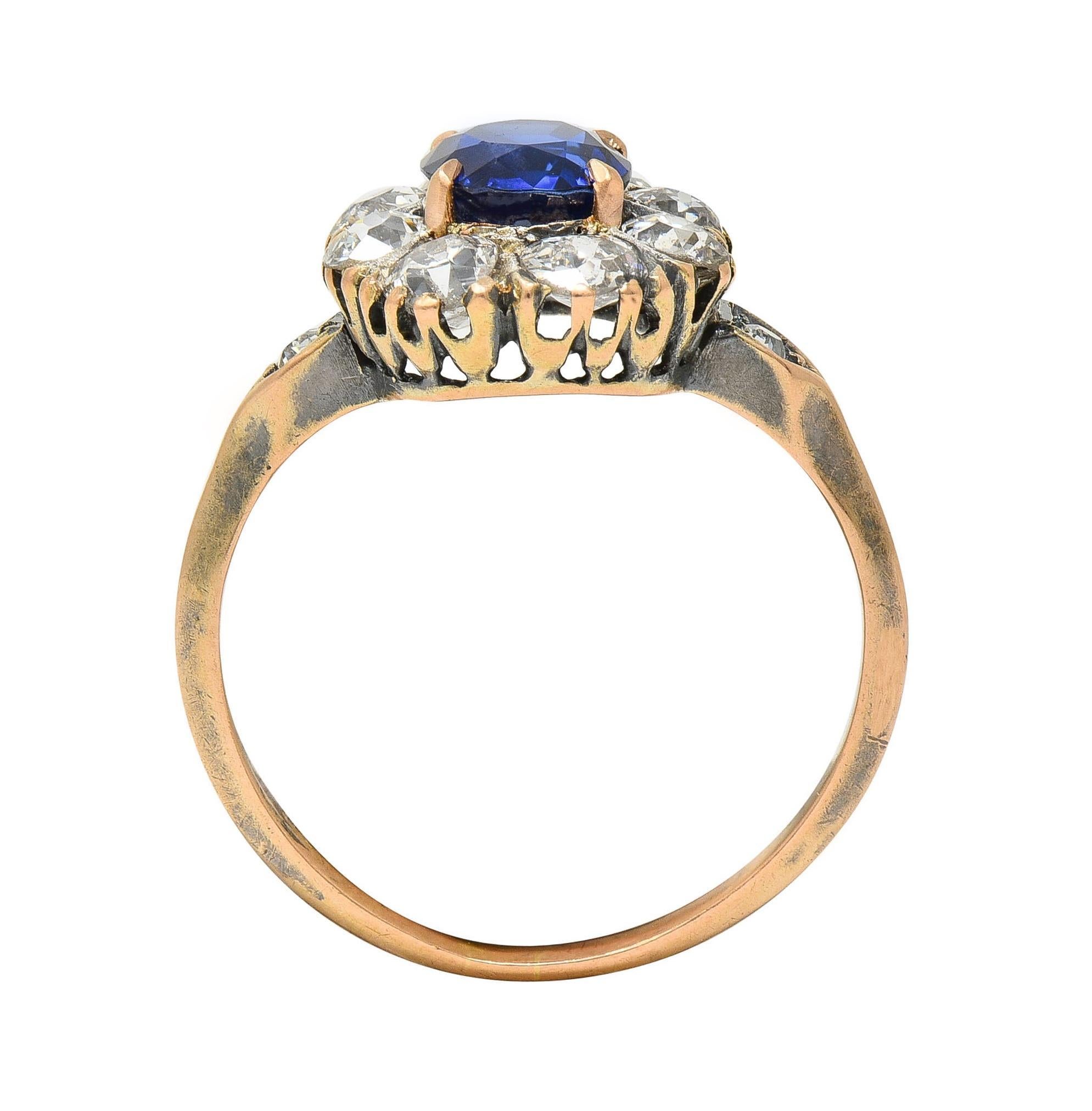 Victorian 2.18 CTW No Heat Burma Sapphire Diamond 18 Karat Rose Gold Halo Ring For Sale 4