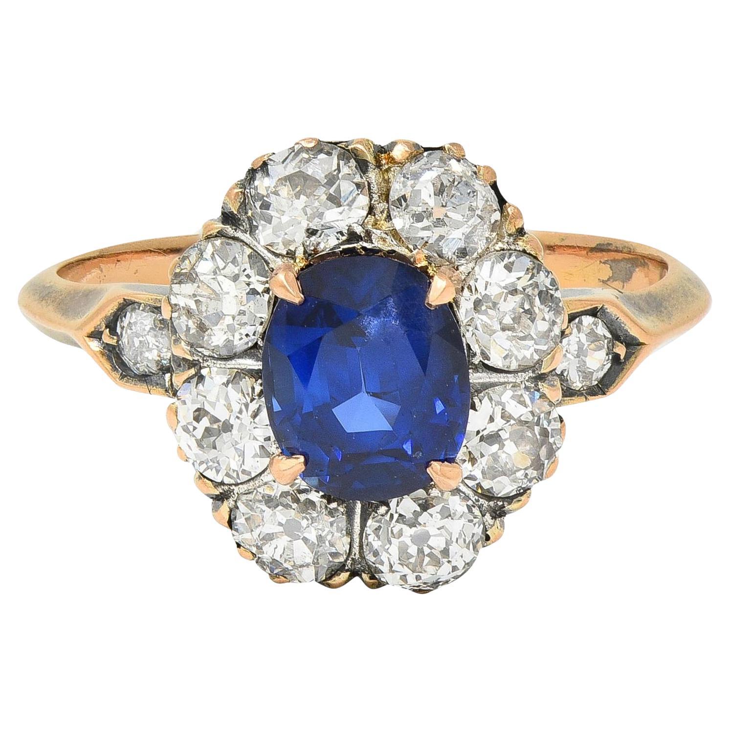 Viktorianischer Halo-Ring aus 18 Karat Roségold mit 2,18 Karat unbehandeltem Burma-Saphir und Diamant