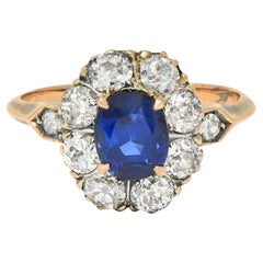 Antique Victorian 2.18 CTW No Heat Burma Sapphire Diamond 18 Karat Rose Gold Halo Ring