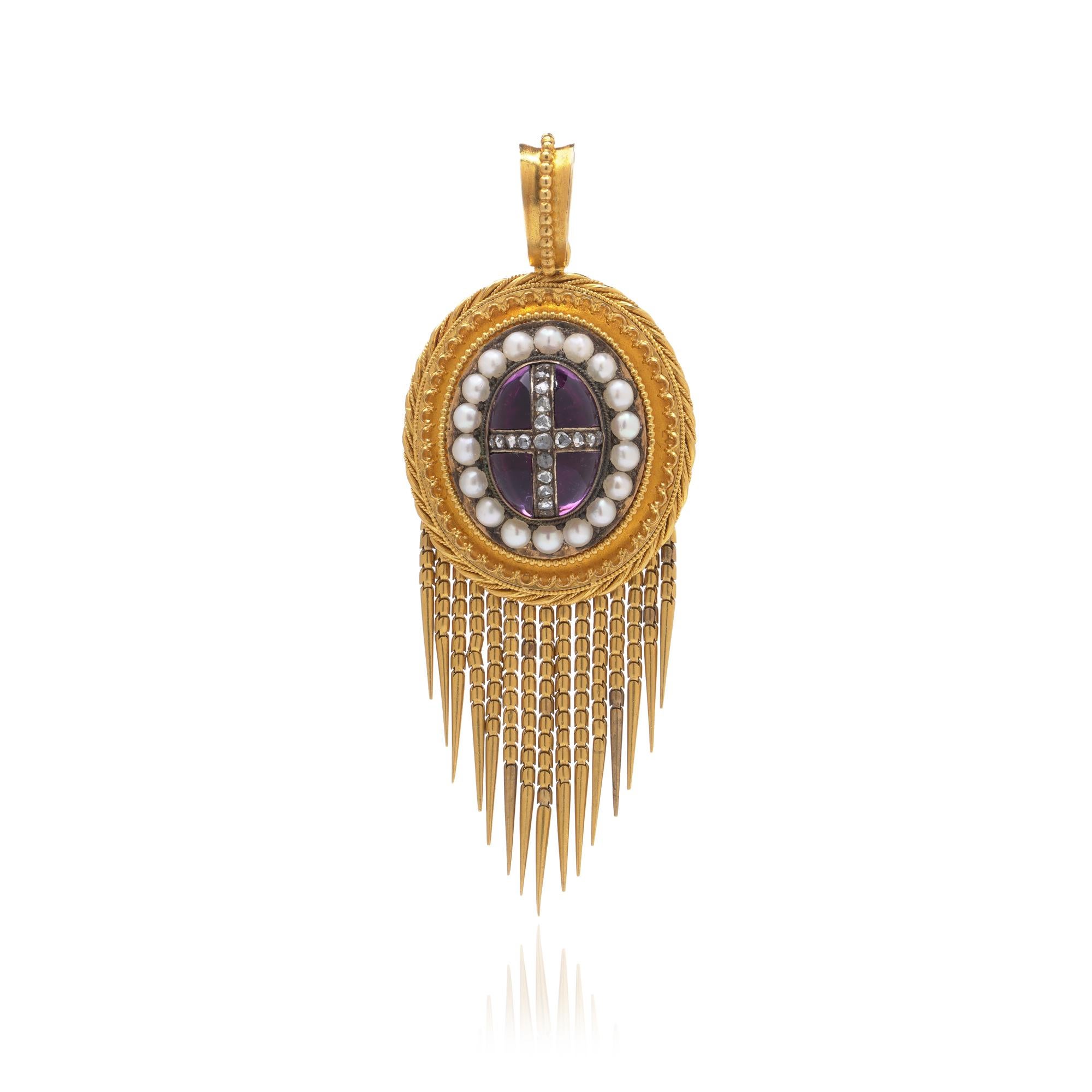 Victorian 21KT Gold Amethyst, Pearl and Diamond Pendant
