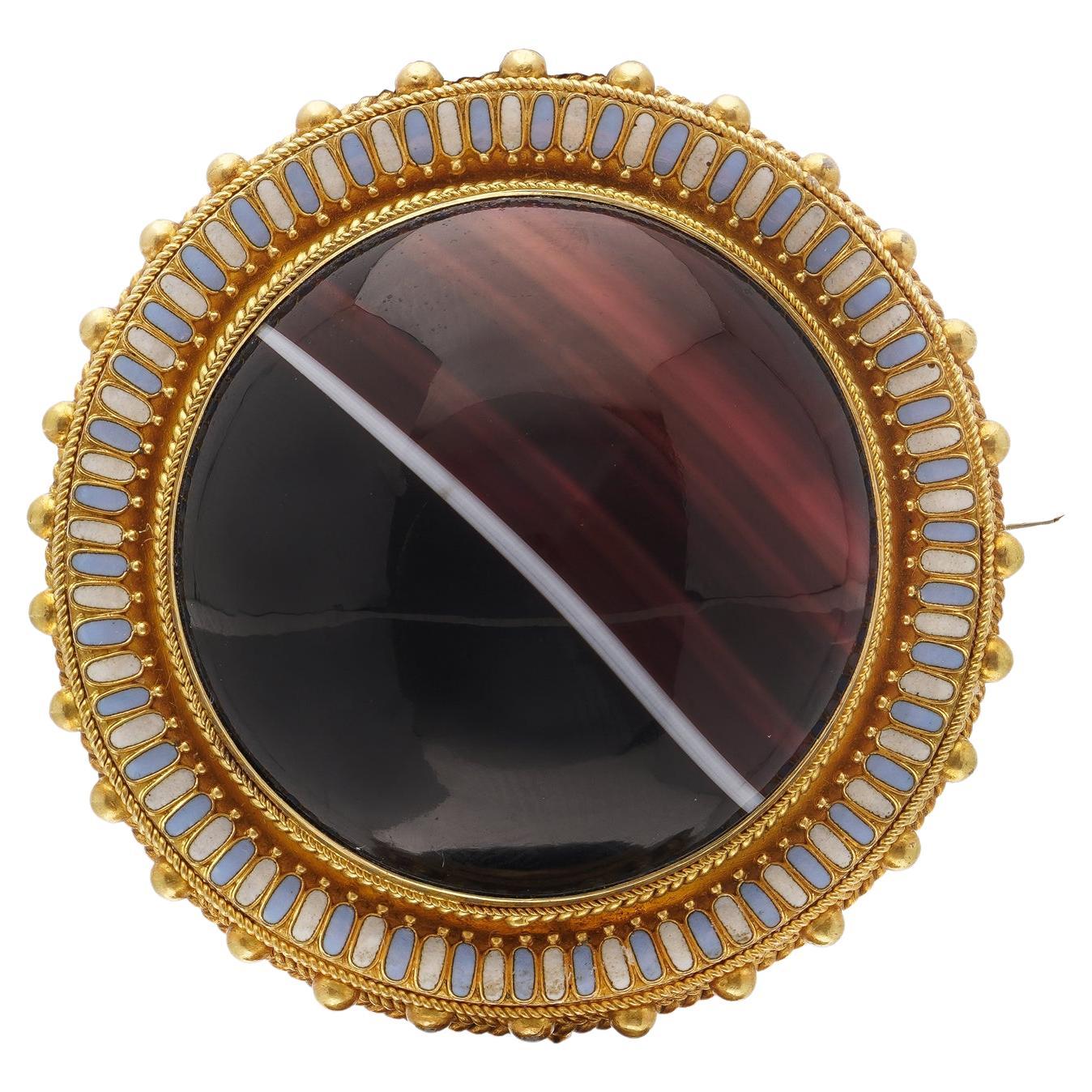 Victorian 21kt Yellow Gold Foiled Banded Sardonyx and Enamel Locket Brooch