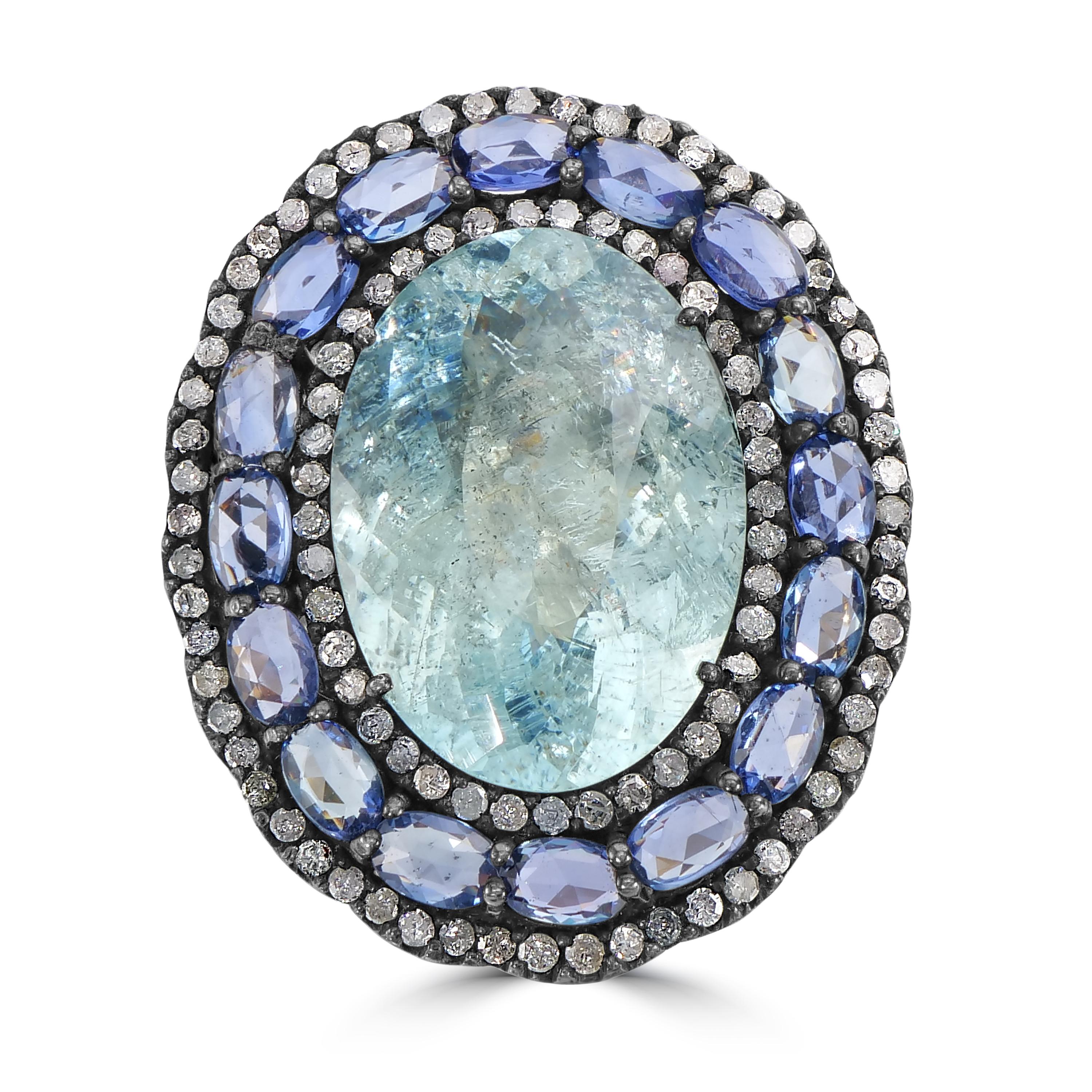 Victorian 22 Cttw. Aquamarine, Sapphire and Diamond Split Shank Cocktail Ring In New Condition For Sale In New York, NY