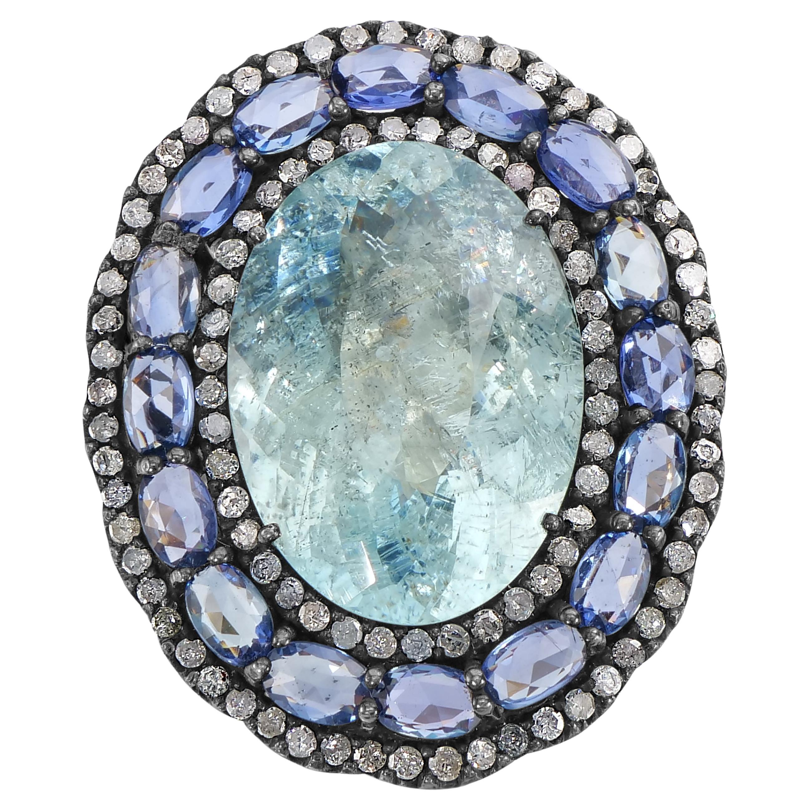 Victorian 22 Cttw. Aquamarine, Sapphire and Diamond Split Shank Cocktail Ring For Sale
