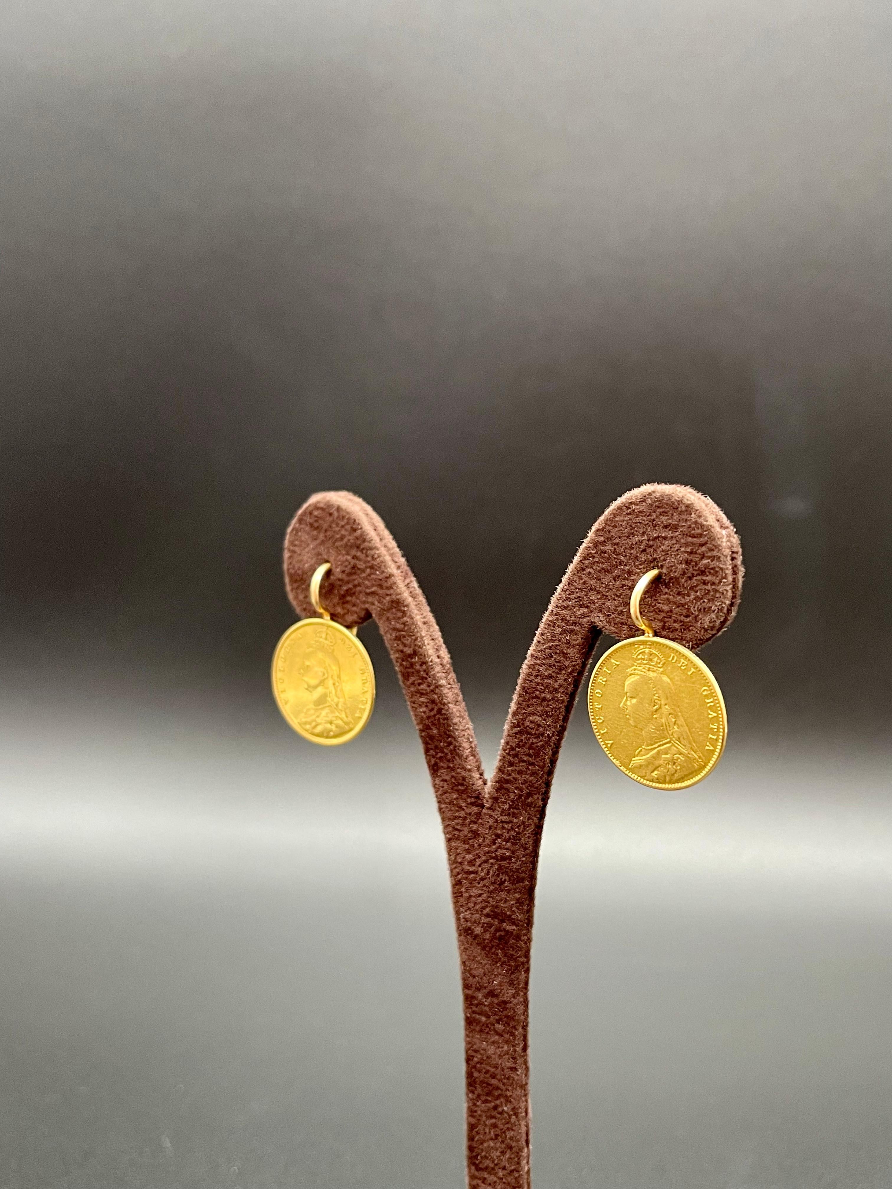 Women's Victorian Yellow Gold Half Pound Coin Portuguese Solid Gold Frame Earrings