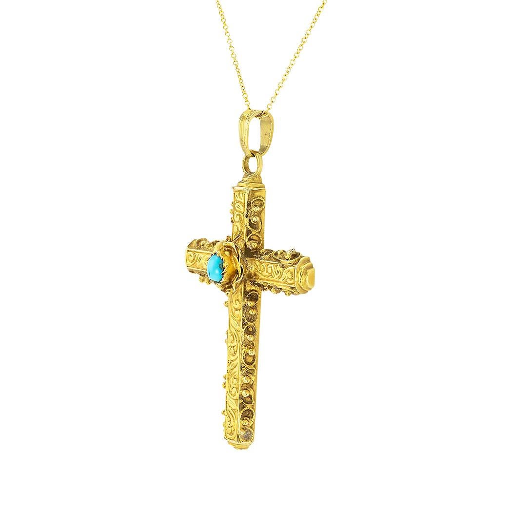 Victorian turquoise and 22-karat gold cross pendant necklace circa 1870. *

ABOUT THIS ITEM:  #P-DJ715C. Scroll down for specifications.  22-karat gold elaborately decorated with lush, engraved details and Etruscan Revival motifs.  A cross pendant