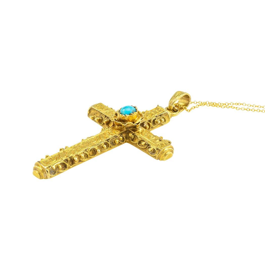 Cabochon Victorian 22 Karat Gold Turquoise Cross Pendant Necklace