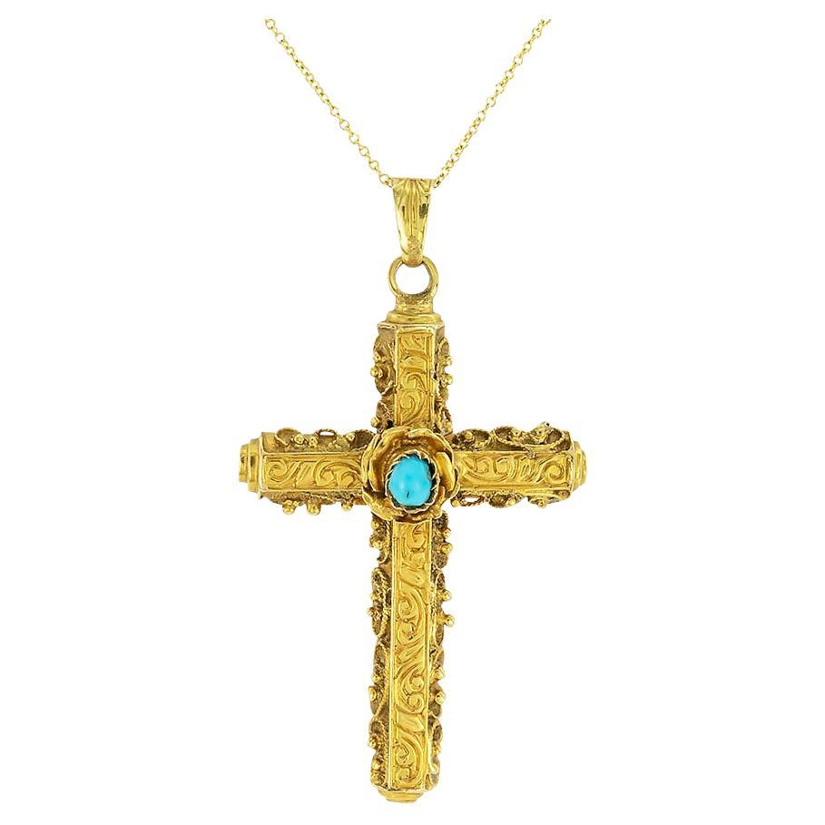 Victorian 22 Karat Gold Turquoise Cross Pendant Necklace