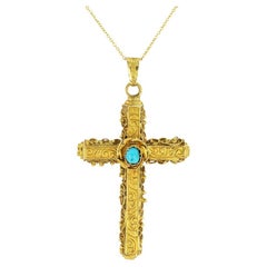 Antique Victorian 22 Karat Gold Turquoise Cross Pendant Necklace