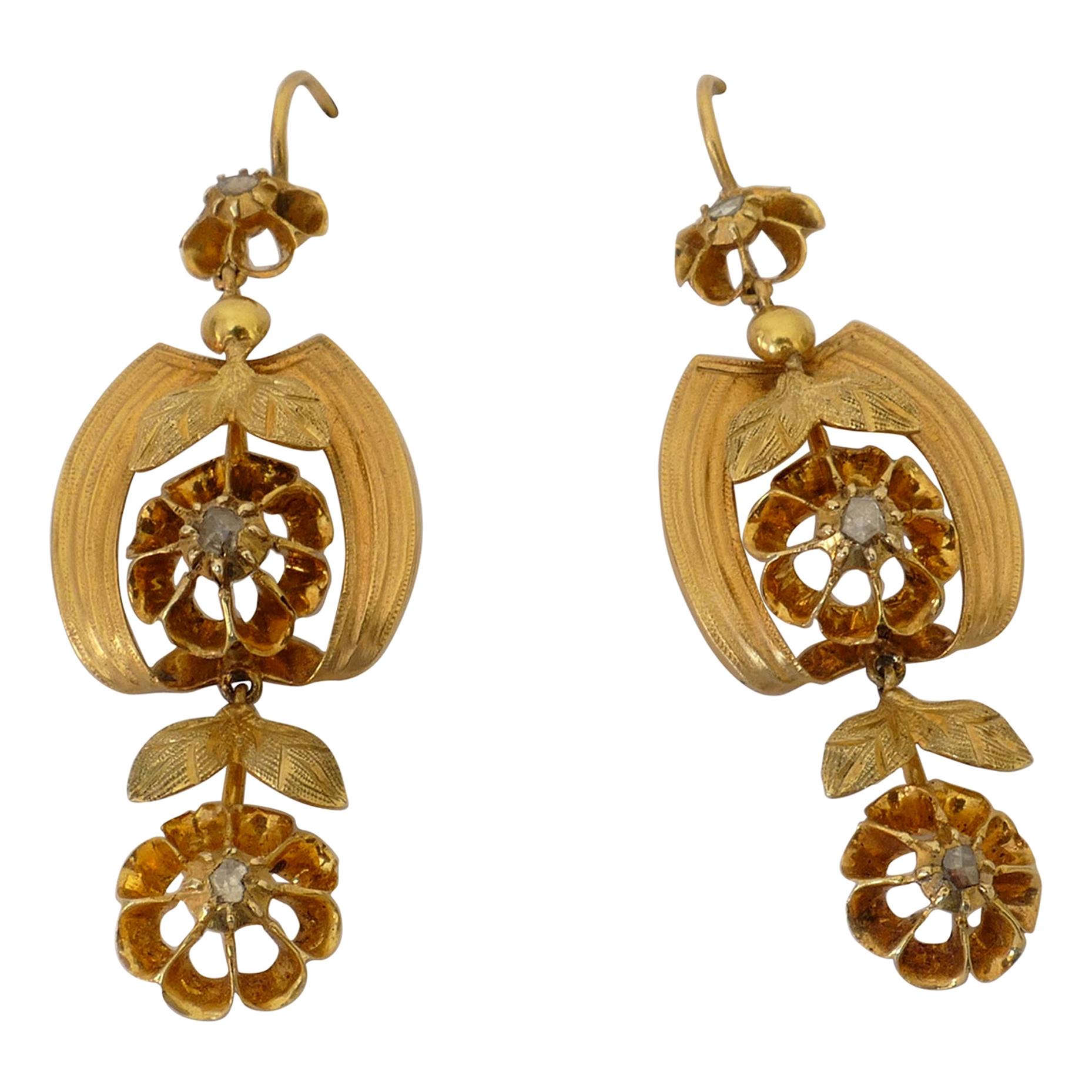 Victorian 22 Karat Yellow Gold and Rose Cut Diamond Drop Earrings For Sale