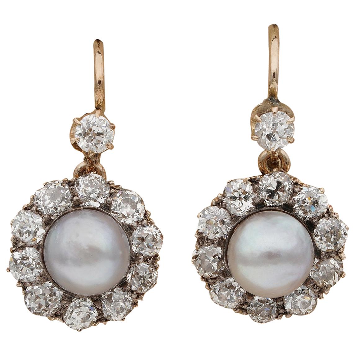 Victorian 2.20 Carat Old Mine Diamond Natural Pearl Cluster Drop Earrings