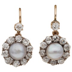 Antique Victorian 2.20 Carat Old Mine Diamond Natural Pearl Cluster Drop Earrings