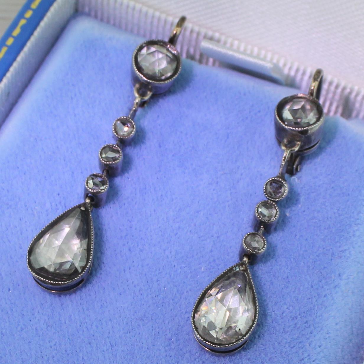 Victorian 2.20 Carat Rose Cut Diamond Pear Drop Earrings For Sale 1