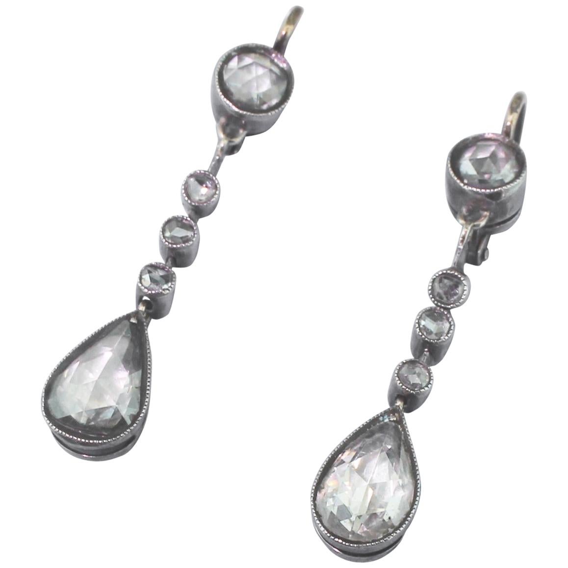 Victorian 2.20 Carat Rose Cut Diamond Pear Drop Earrings For Sale