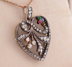 Victorian 18K Gold & Silver Heart Pendant with 2.20 Ct Diamonds, 1870