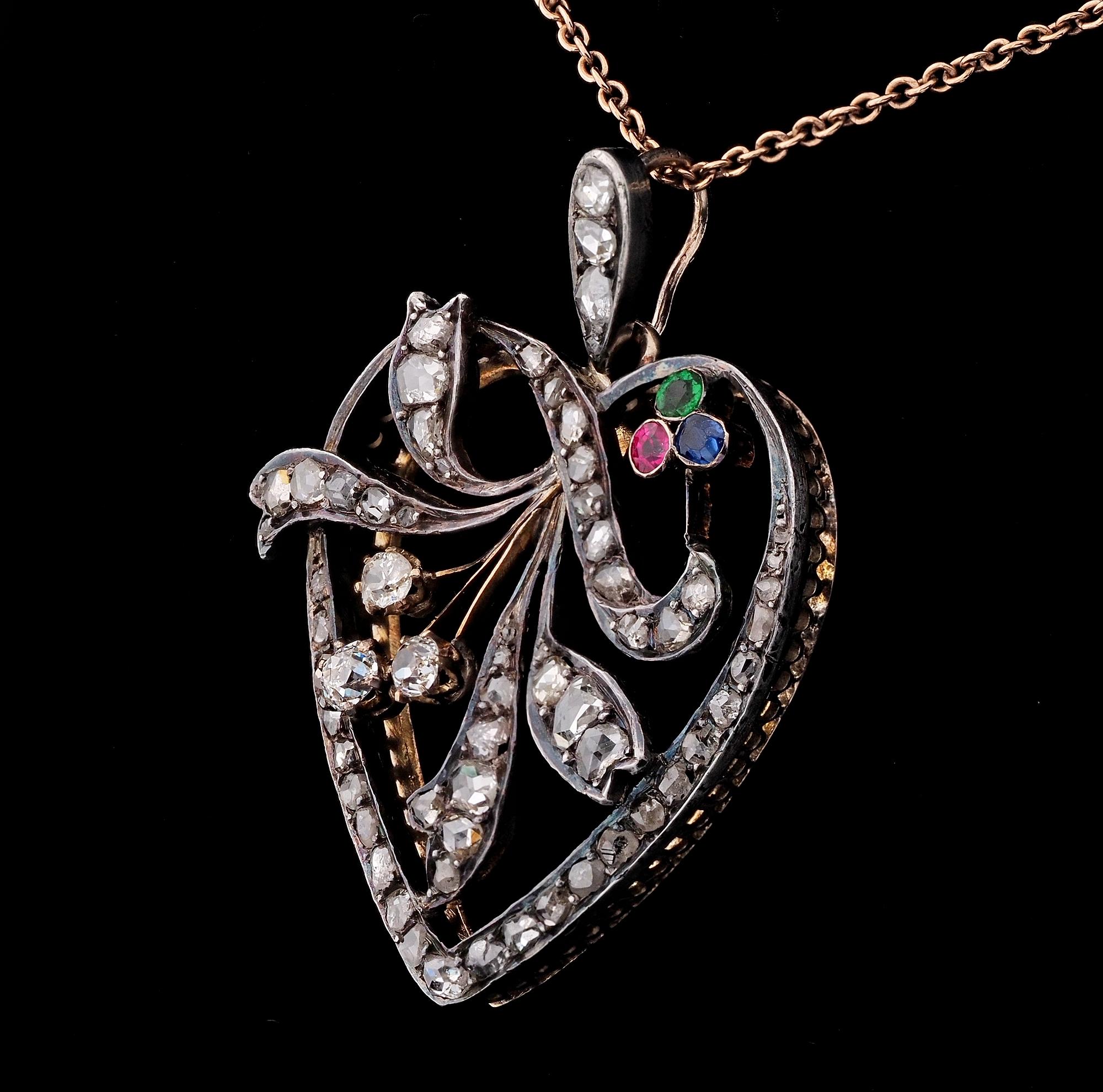 Women's or Men's Victorian 2.20 Ct Old Cut Diamond 18 KT Openwork Large Hearth Pendant For Sale