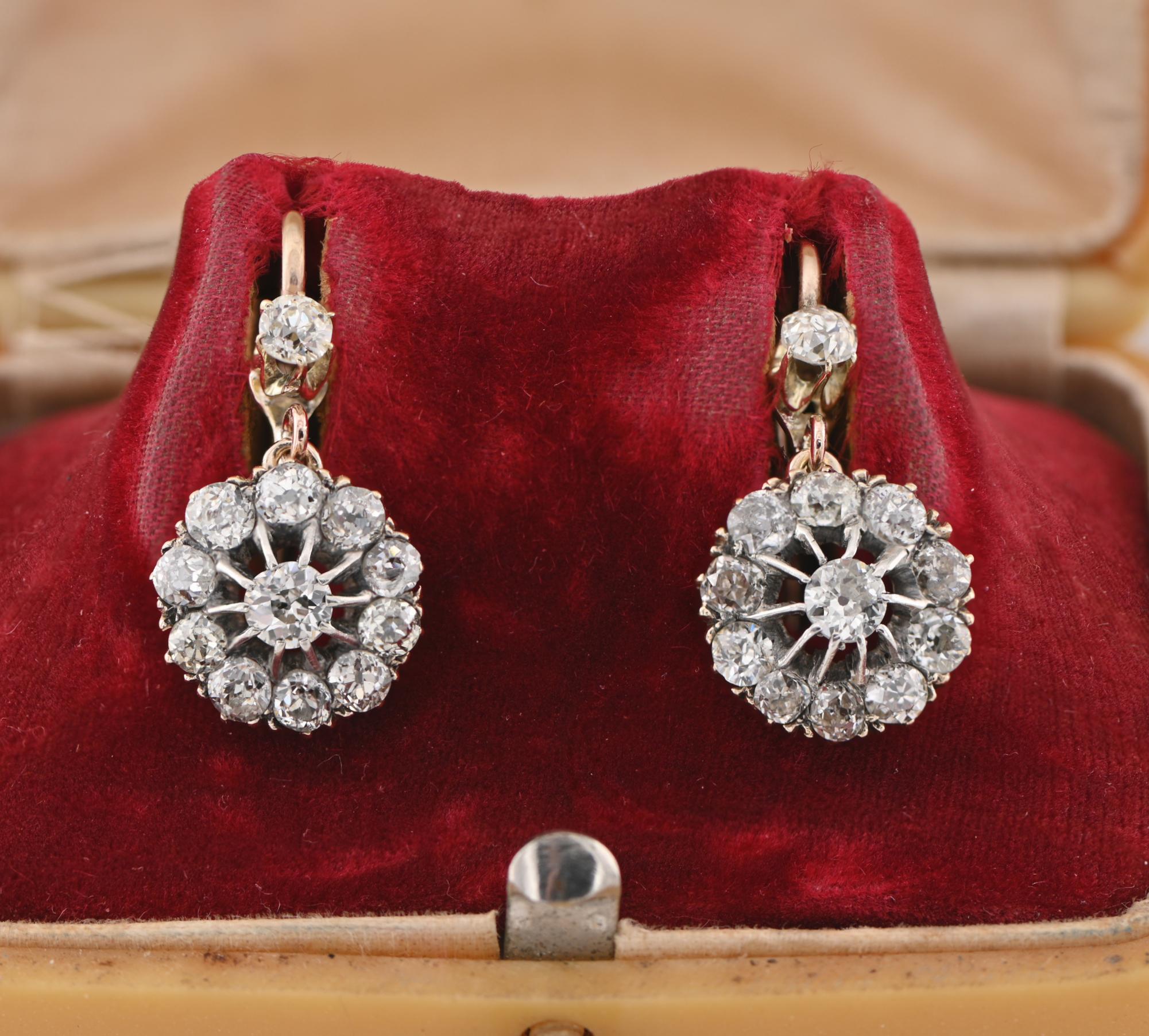 The Sweetest Victorian!
These spectacular Diamond drop earrings are authentic Victorian period, 1890 ca
Boasting the glorious Victorian workmanship, solid 18 KT gold
Statement classy Diamond Daisy drop clusters topped by a single Diamond to