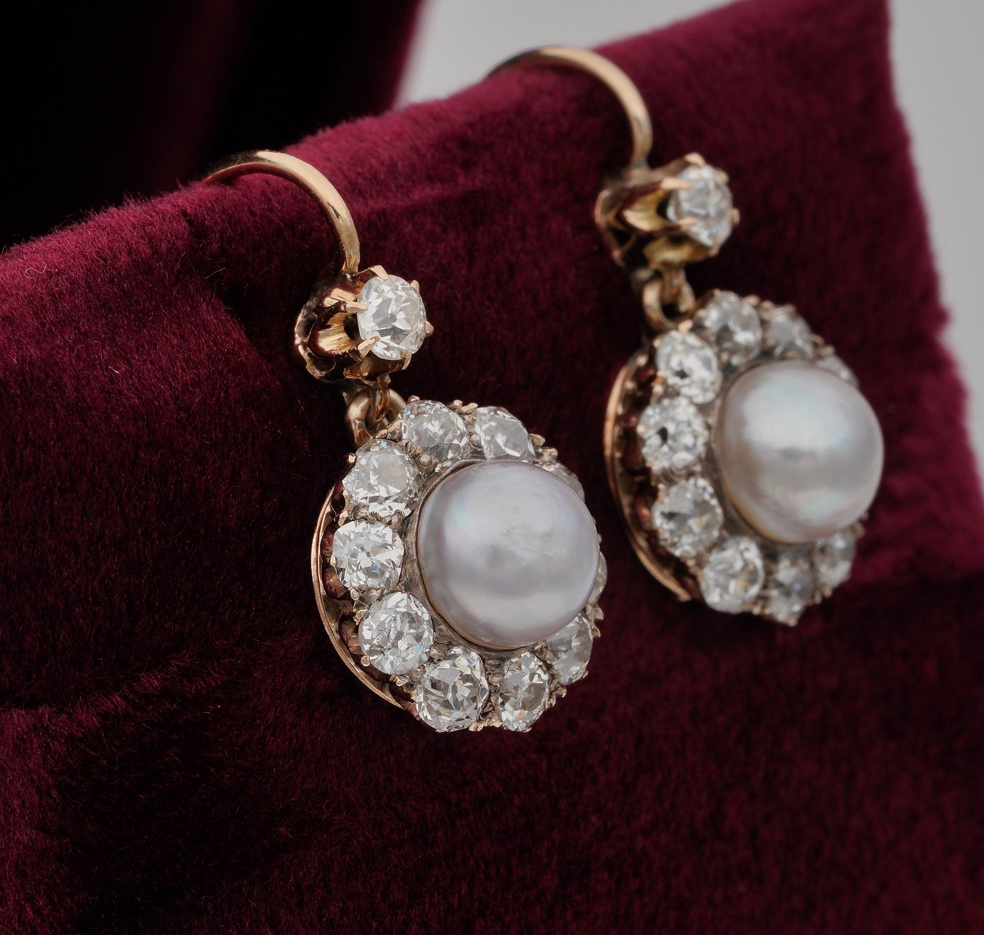 Victorian 2.20 Carat Old Mine Diamond Natural Pearl Cluster Drop Earrings In Good Condition In Napoli, IT