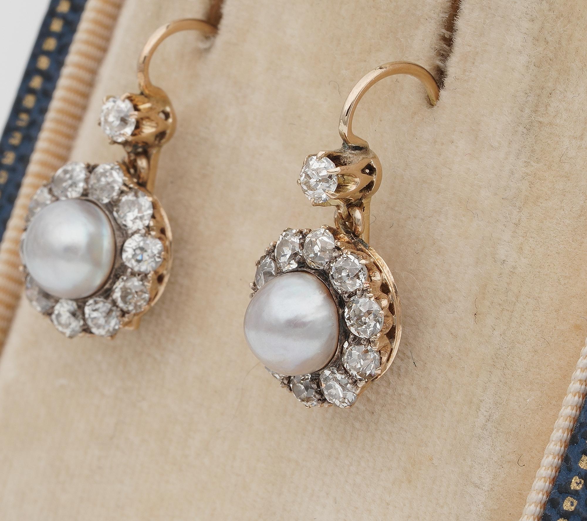 Women's Victorian 2.20 Carat Old Mine Diamond Natural Pearl Cluster Drop Earrings