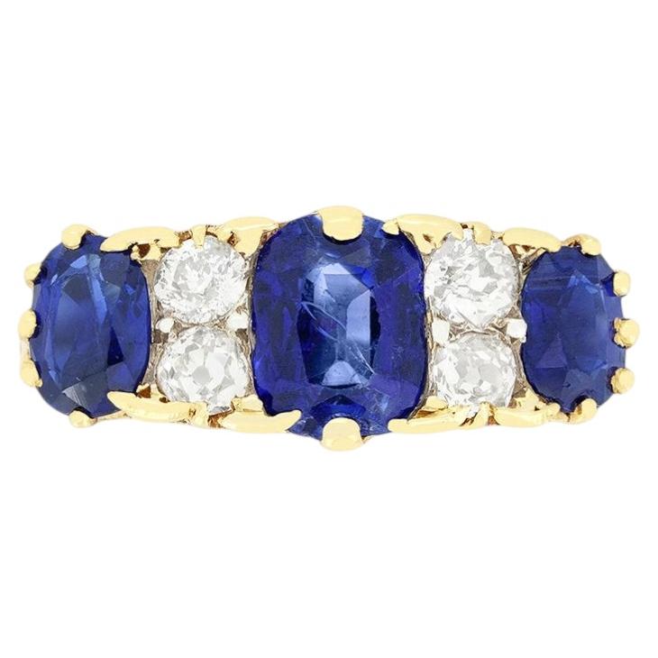 Victorian 2.20ct Sapphire and Diamond Carved Shank Ring, c.1880s