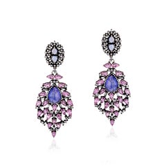 Victorian 22.1 Carat T.W Pink Sapphire, Blue Sapphire & Diamond Earrings 18K/SS