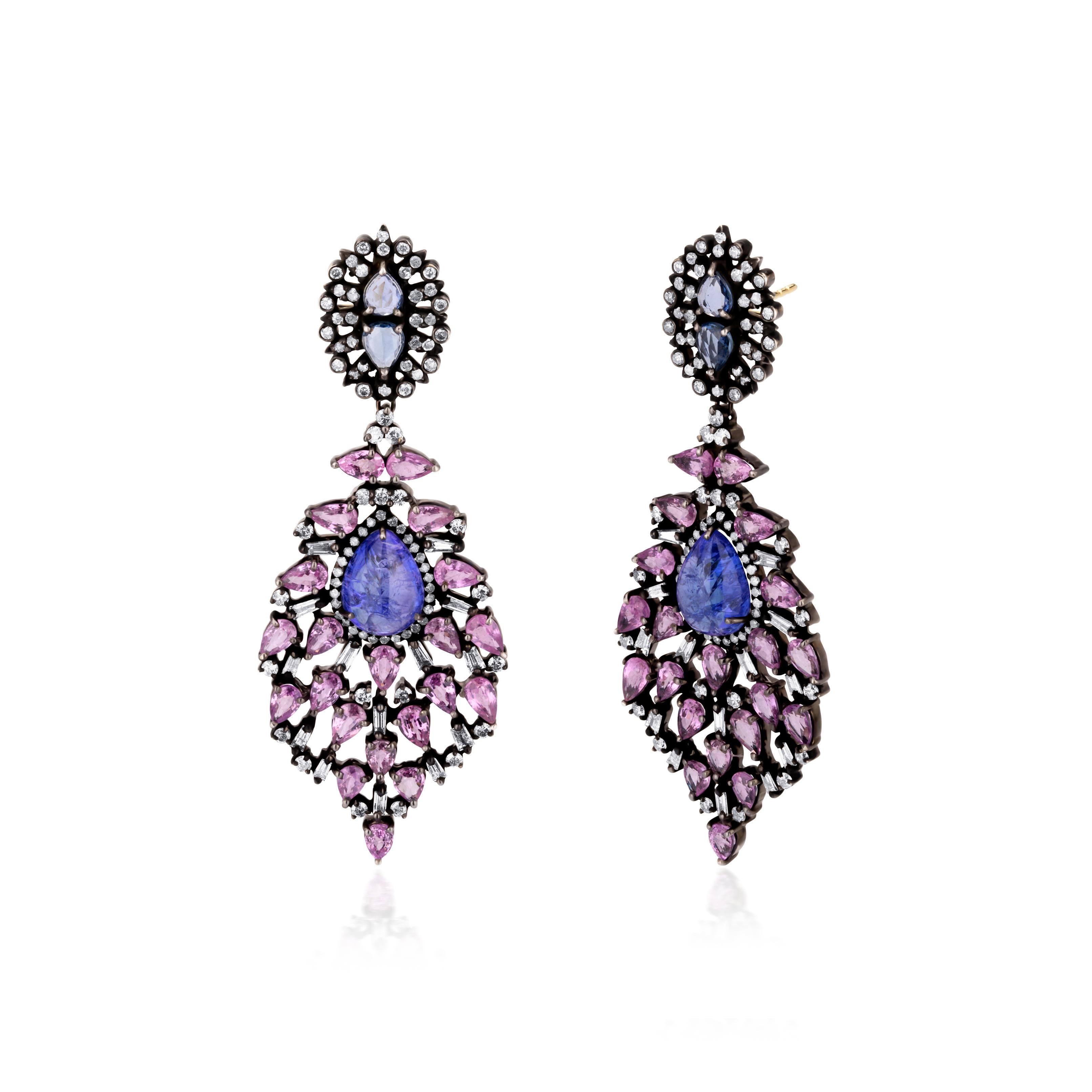 Pear Cut Victorian 22.1 Carat T.W Pink Sapphire, Blue Sapphire & Diamond Dangle Earrings For Sale