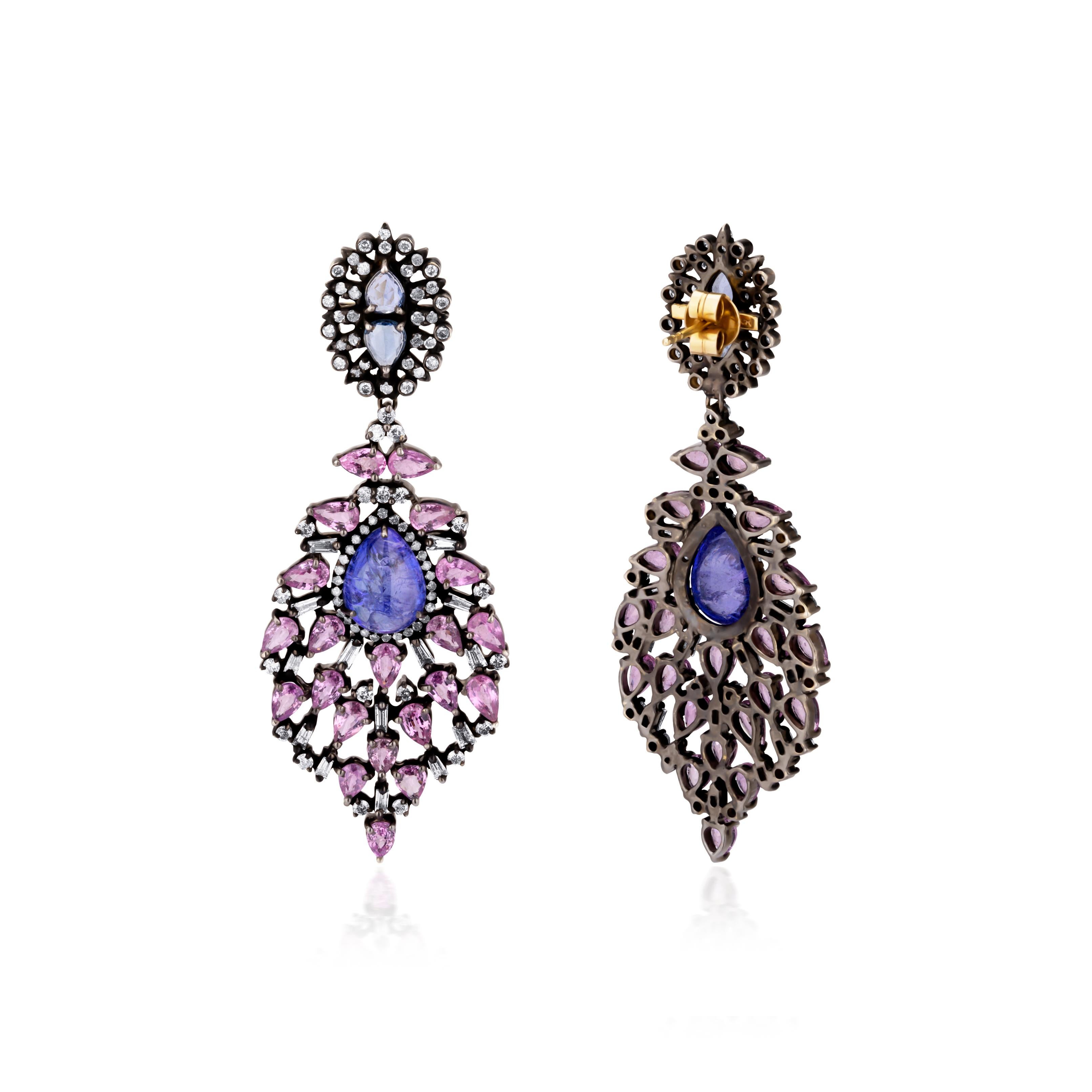 Victorian 22.1 Carat T.W Pink Sapphire, Blue Sapphire & Diamond Dangle Earrings In New Condition For Sale In New York, NY