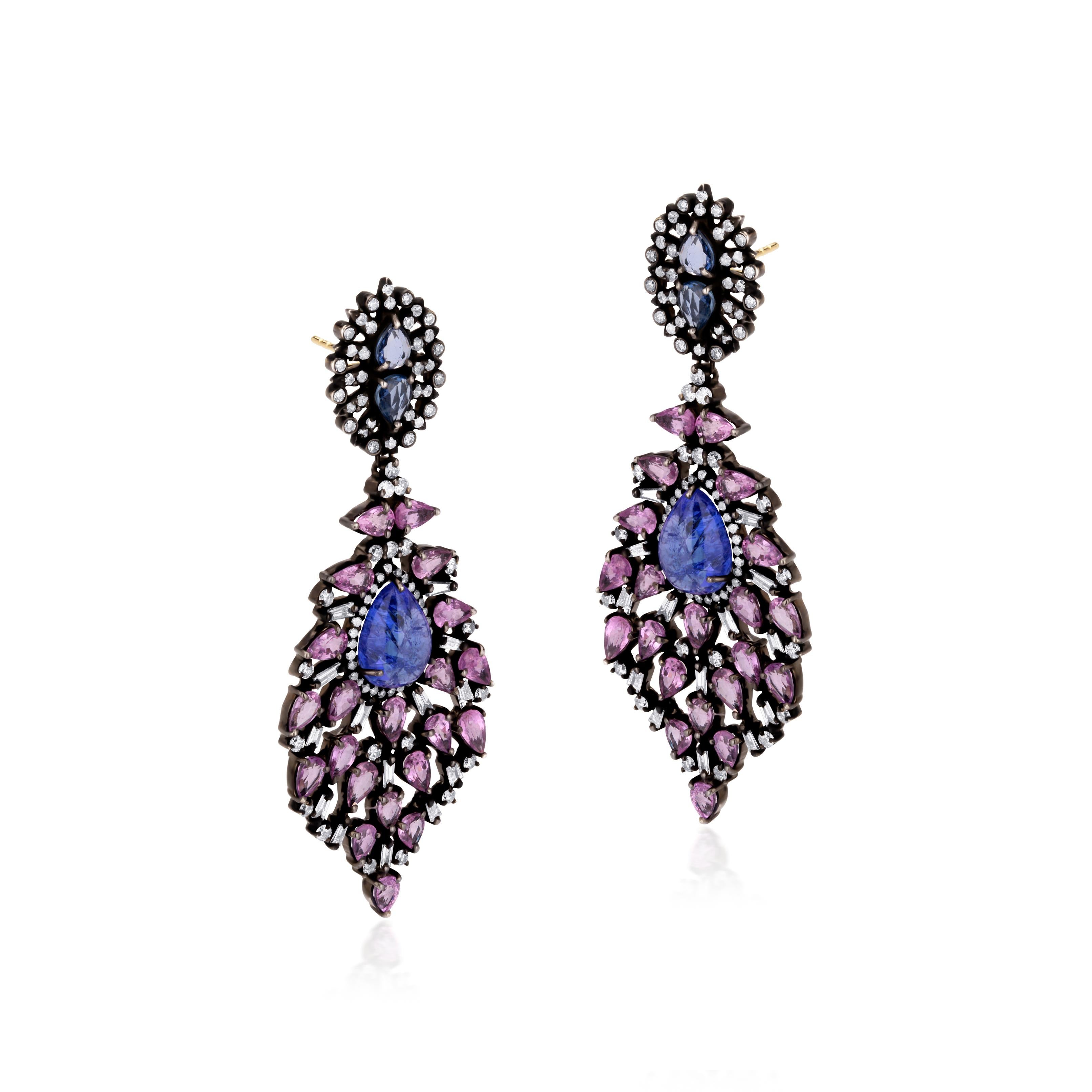 Women's Victorian 22.1 Carat T.W Pink Sapphire, Blue Sapphire & Diamond Dangle Earrings For Sale