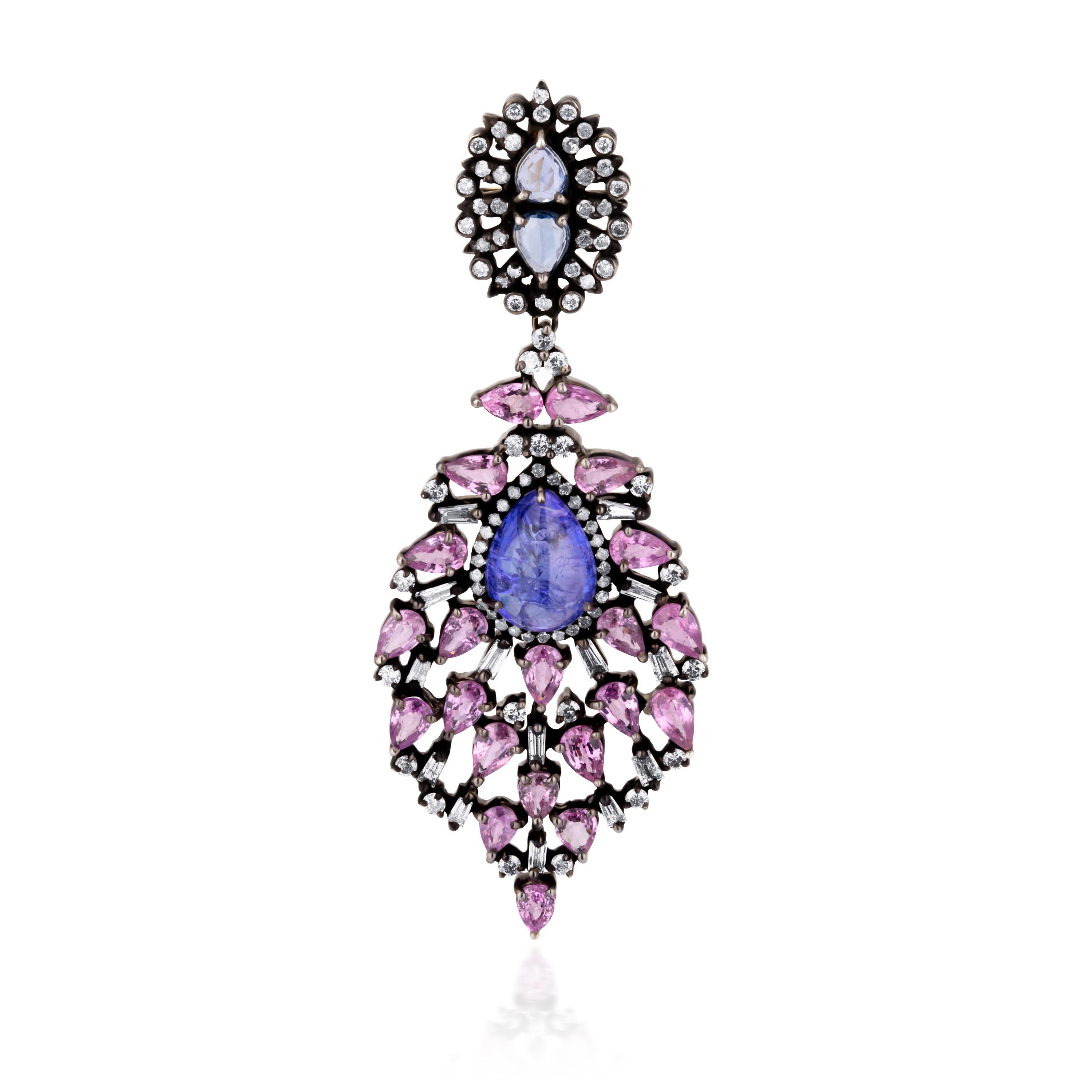 Victorian 22.1 Carat T.W Pink Sapphire, Blue Sapphire & Diamond Dangle Earrings For Sale 1
