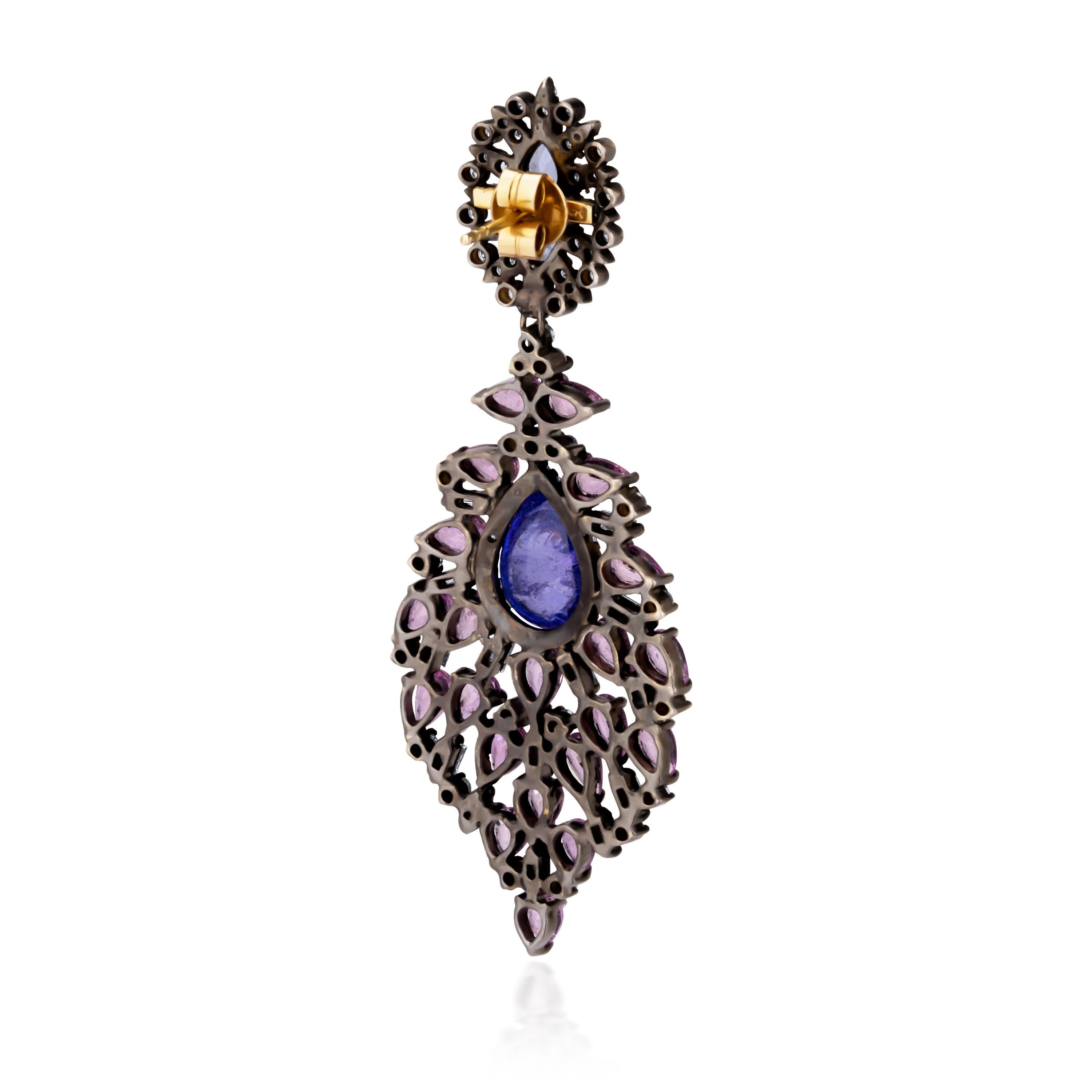 Victorian 22.1 Carat T.W Pink Sapphire, Blue Sapphire & Diamond Dangle Earrings For Sale 2
