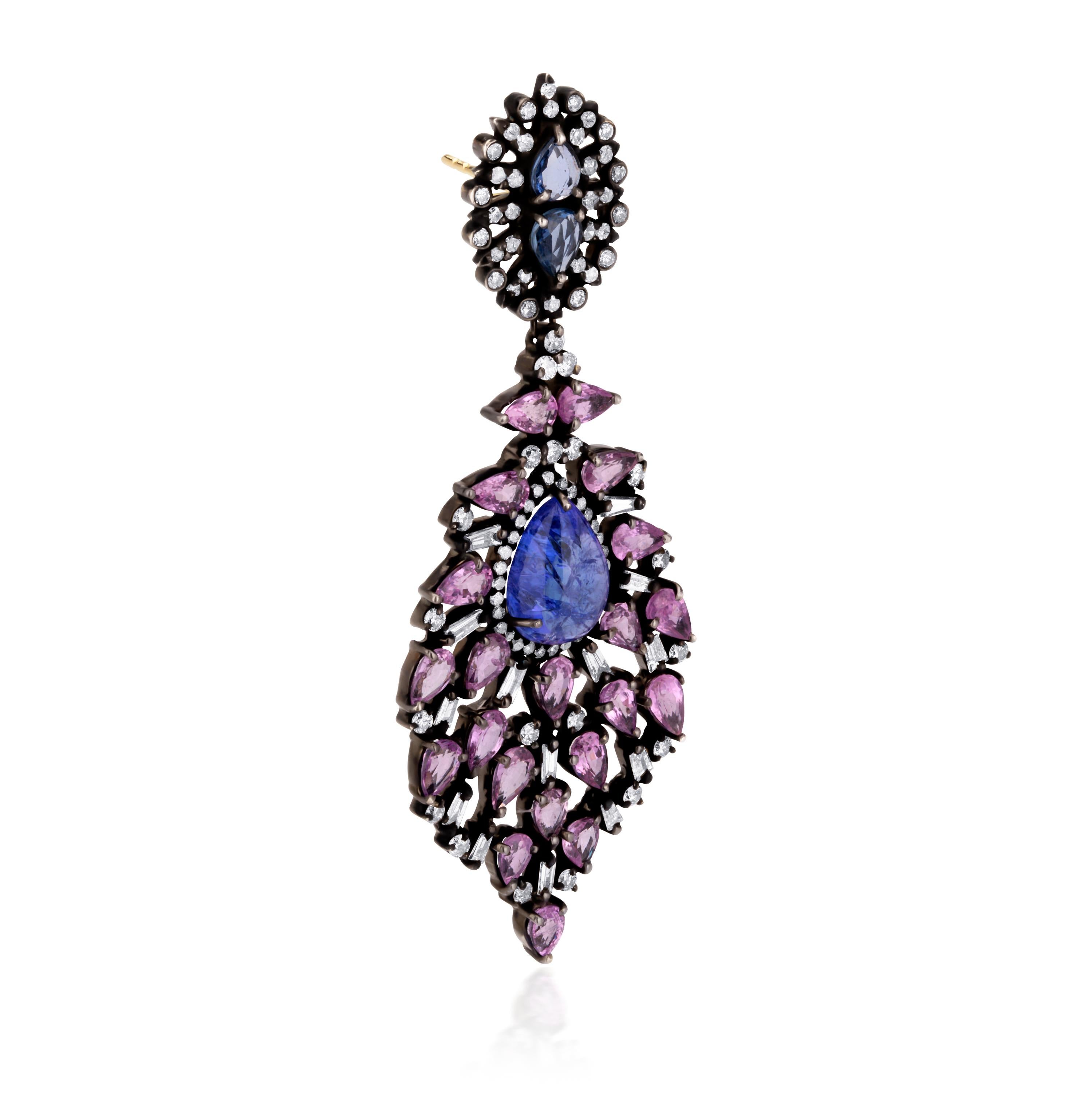 Victorian 22.1 Carat T.W Pink Sapphire, Blue Sapphire & Diamond Dangle Earrings For Sale 3