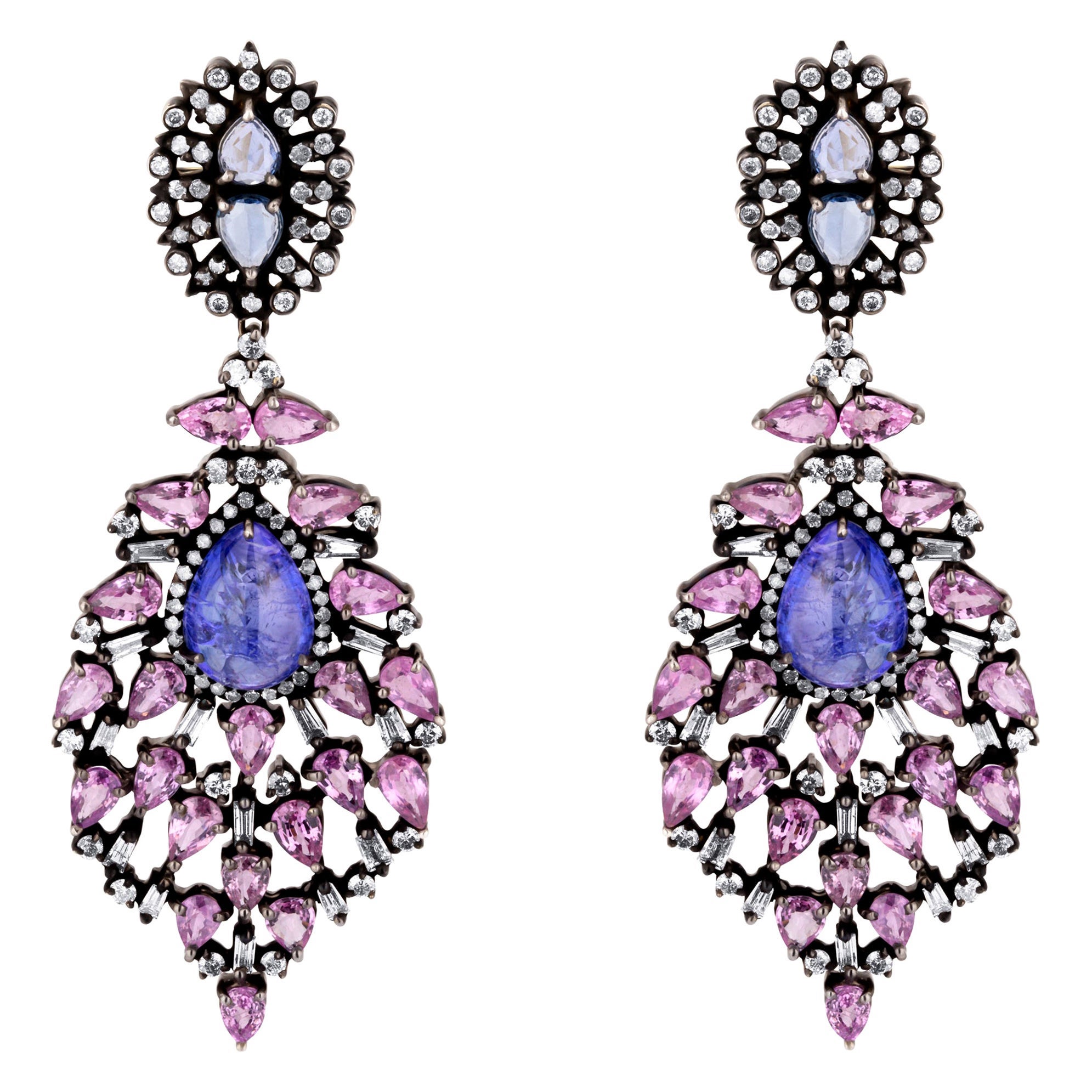 Victorian 22.1 Carat T.W Pink Sapphire, Blue Sapphire & Diamond Dangle Earrings For Sale