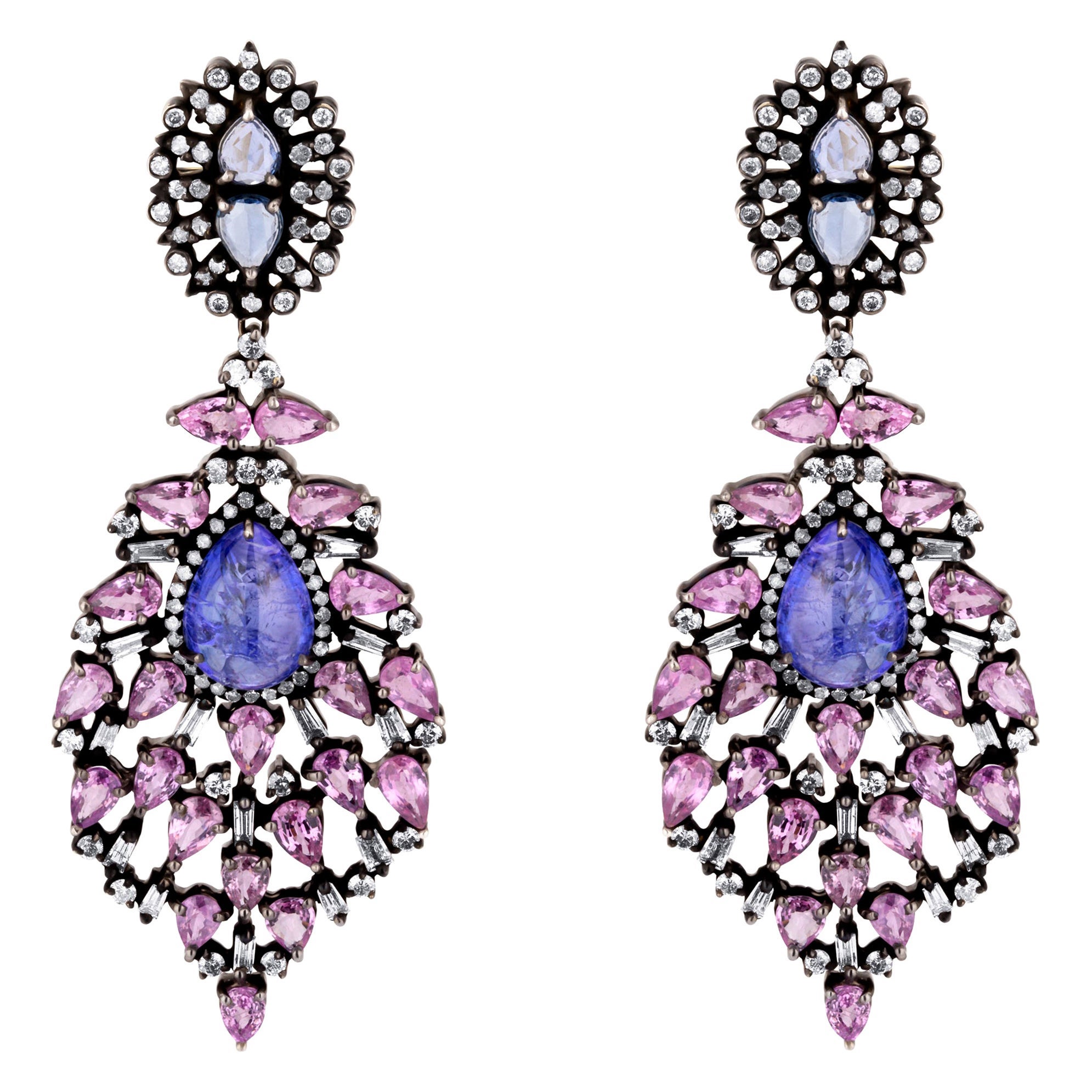 Pendientes Victorianos de Zafiro Rosa, Zafiro Azul y Diamantes de 22,1 Quilates T.W 18K/SS