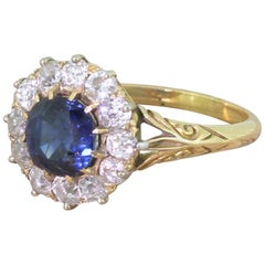 Antique Victorian 2.22 Carat Natural Sapphire & Old Cut Diamond 18k Gold Cluster Ring