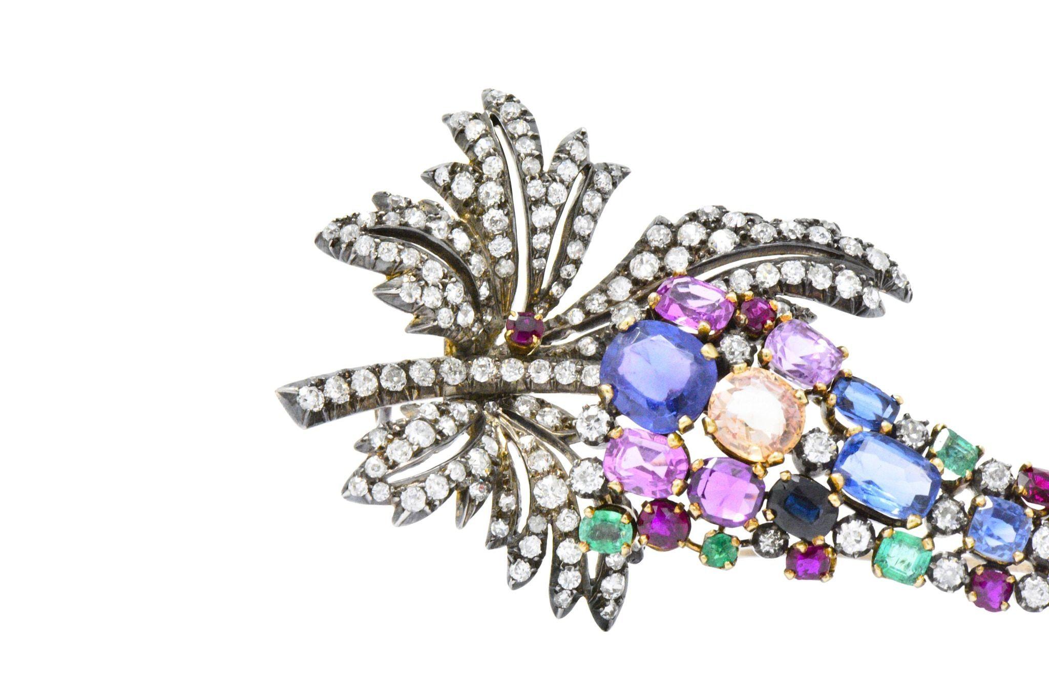 Women's or Men's Victorian 2.25 Carat Diamond Emerald Sapphire Ruby Topaz Silver and Gold Brooch