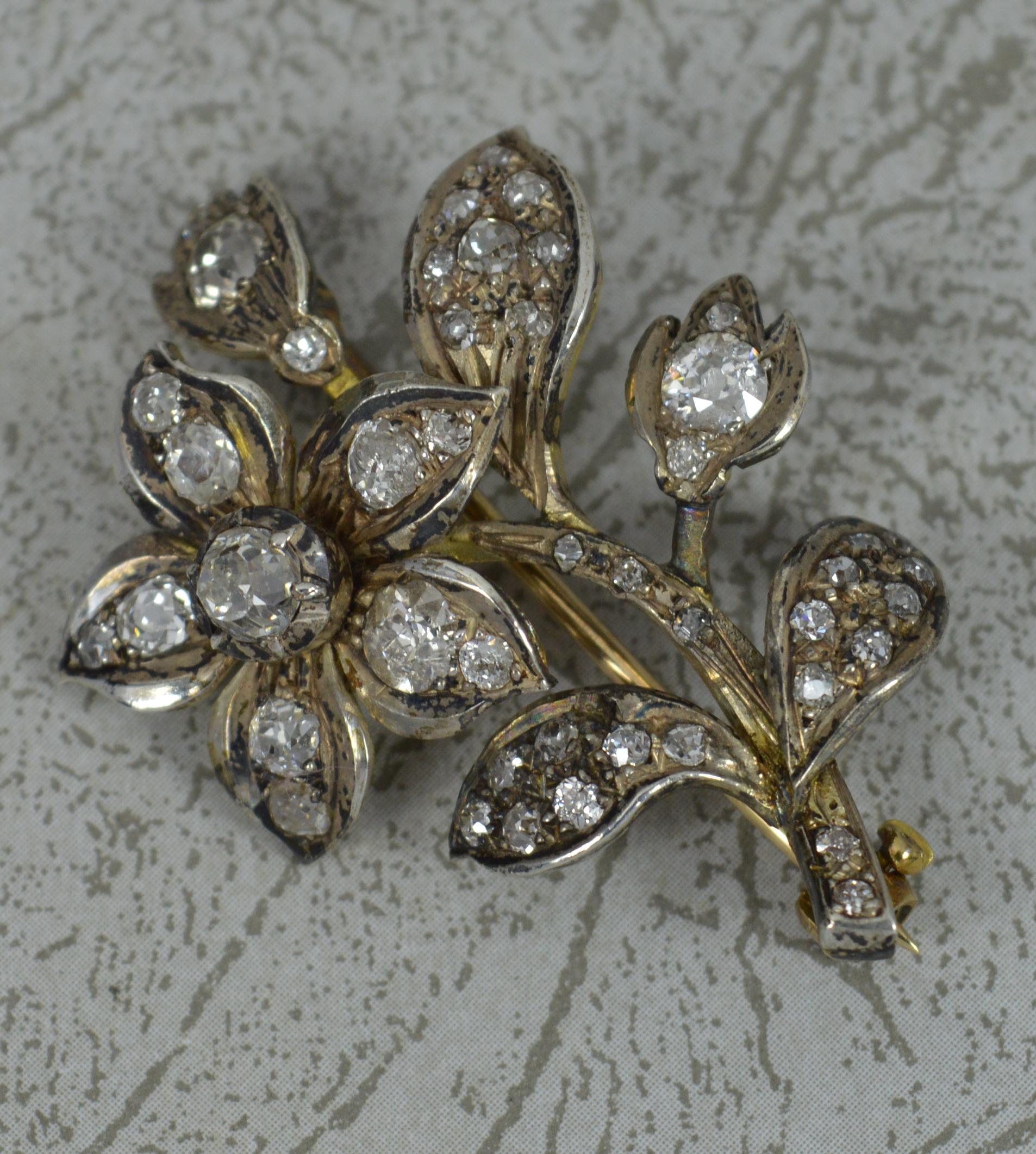 Victorian 2.25 Carat Old Cut Diamond 15ct Gold Flower Brooch 4