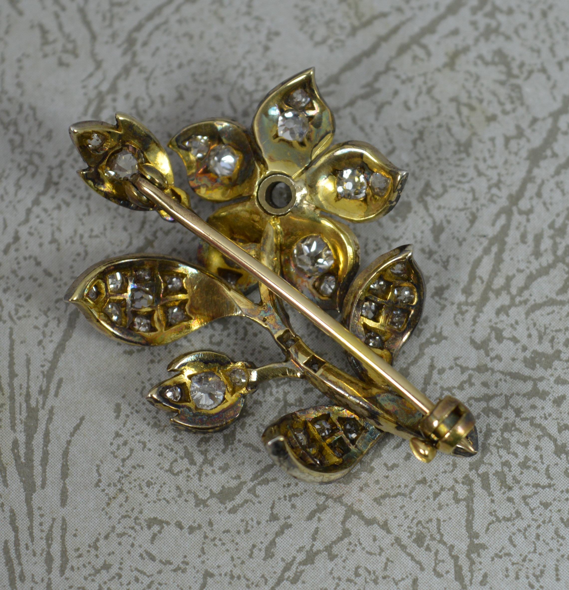 Victorian 2.25 Carat Old Cut Diamond 15ct Gold Flower Brooch 6