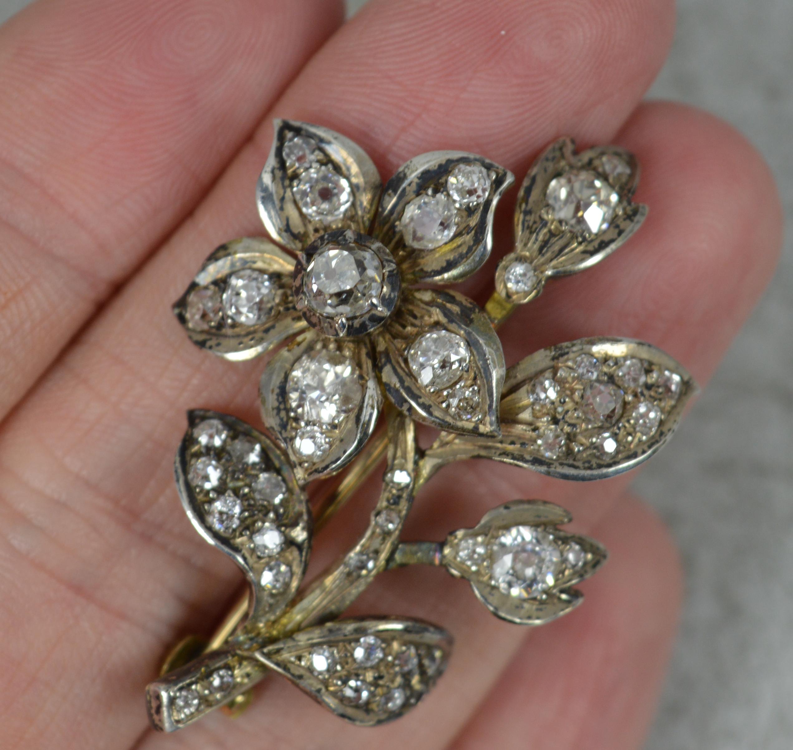 Late Victorian Victorian 2.25 Carat Old Cut Diamond 15ct Gold Flower Brooch