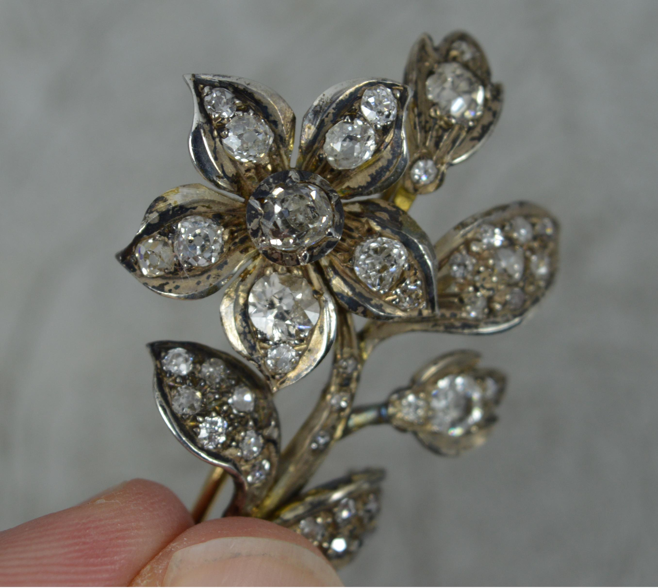 Old Mine Cut Victorian 2.25 Carat Old Cut Diamond 15ct Gold Flower Brooch