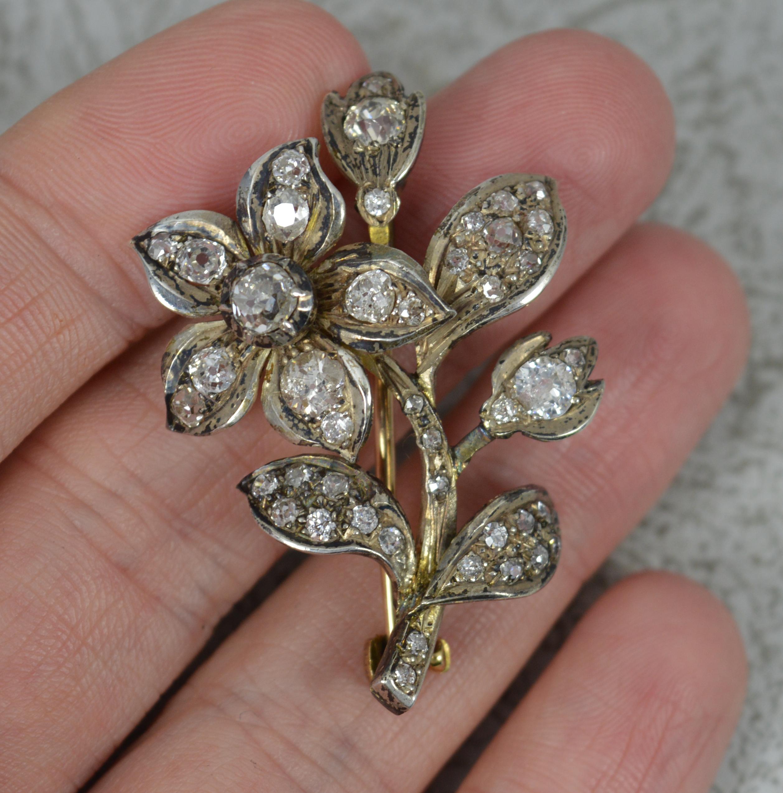 Victorian 2.25 Carat Old Cut Diamond 15ct Gold Flower Brooch 2