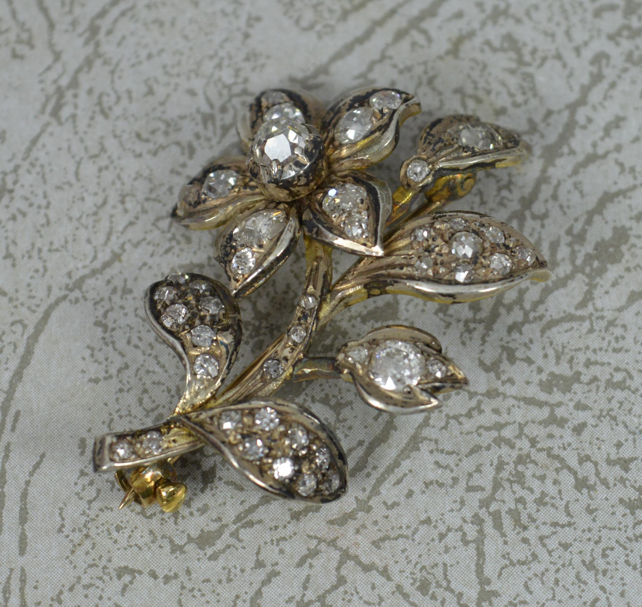 Victorian 2.25 Carat Old Cut Diamond 15ct Gold Flower Brooch 3