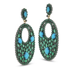 Victorian 22.5ct t.w. Emerald, Turquoise and Diamond Drop Earrings in 18k/925