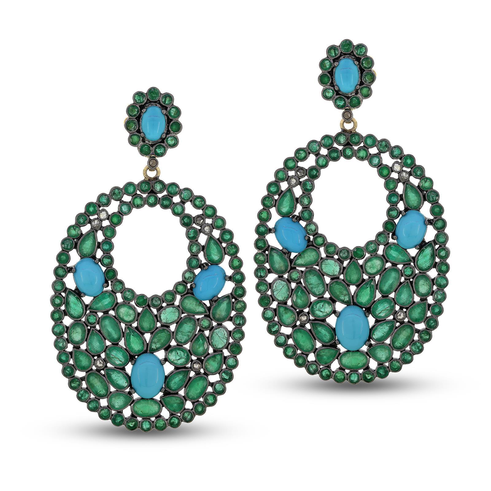 Victorian 22.5ct t.w. Emerald, Turquoise and Diamond Drop Earrings in 18k/925 In New Condition In New York, NY