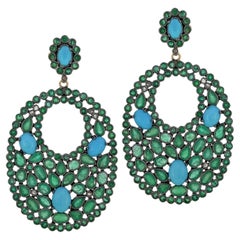 Victorian 22.5ct t.w. Emerald, Turquoise and Diamond Drop Earrings in 18k/925
